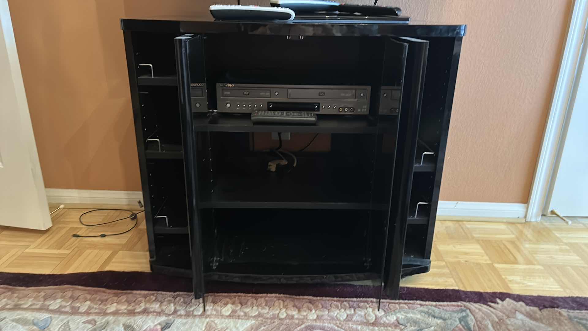 Photo 1 of BLACK WOOD AND LACQUER TV STAND AND ENTERTAINMENT CENTER