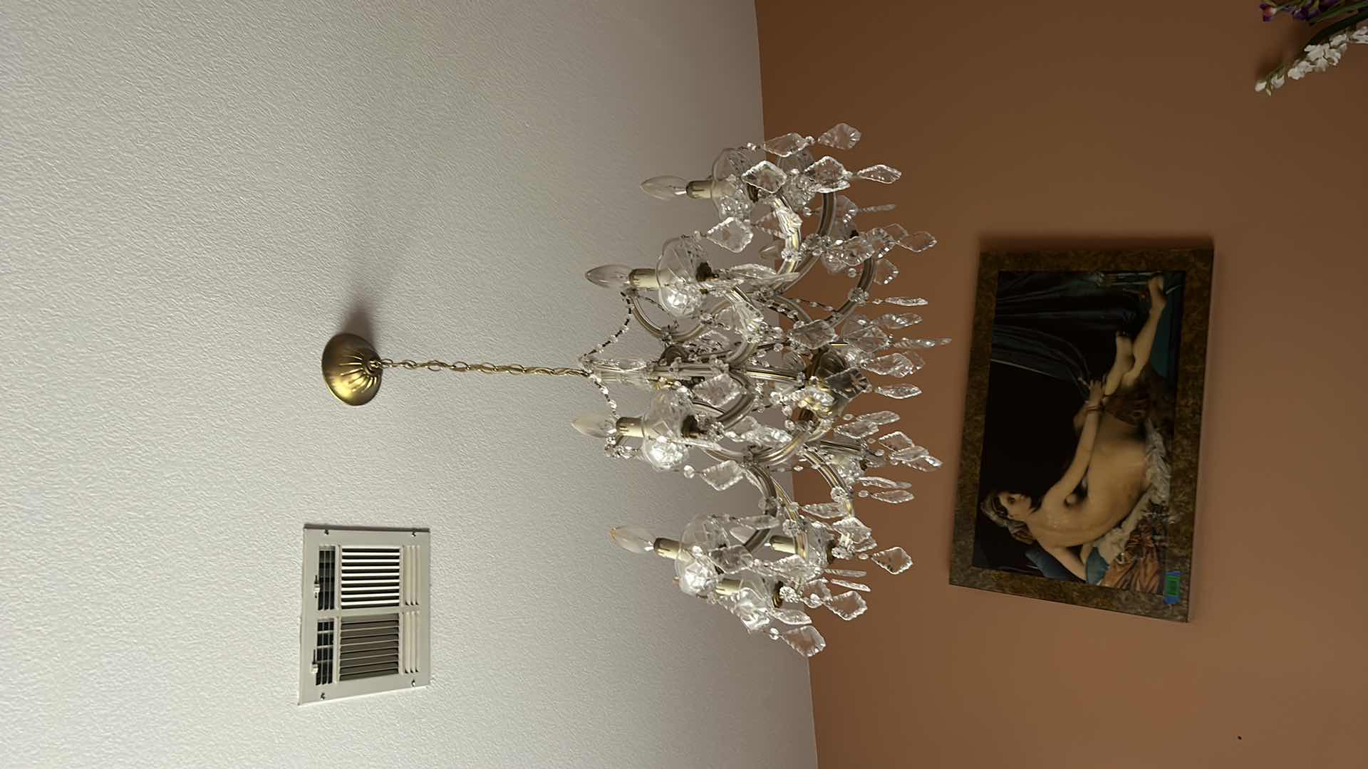 Photo 1 of VINTAGE CRYSTAL CHANDELIER W EXTRA CRYSTALS 28” x 21” (MEASUREMENT WITHOUT CHAIN)