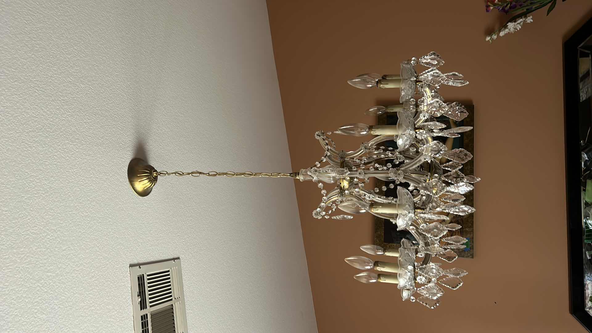 Photo 1 of VINTAGE CRYSTAL CHANDELIER W EXTRA CRYSTALS 28” x 21” (MEASUREMENT WITHOUT CHAIN)