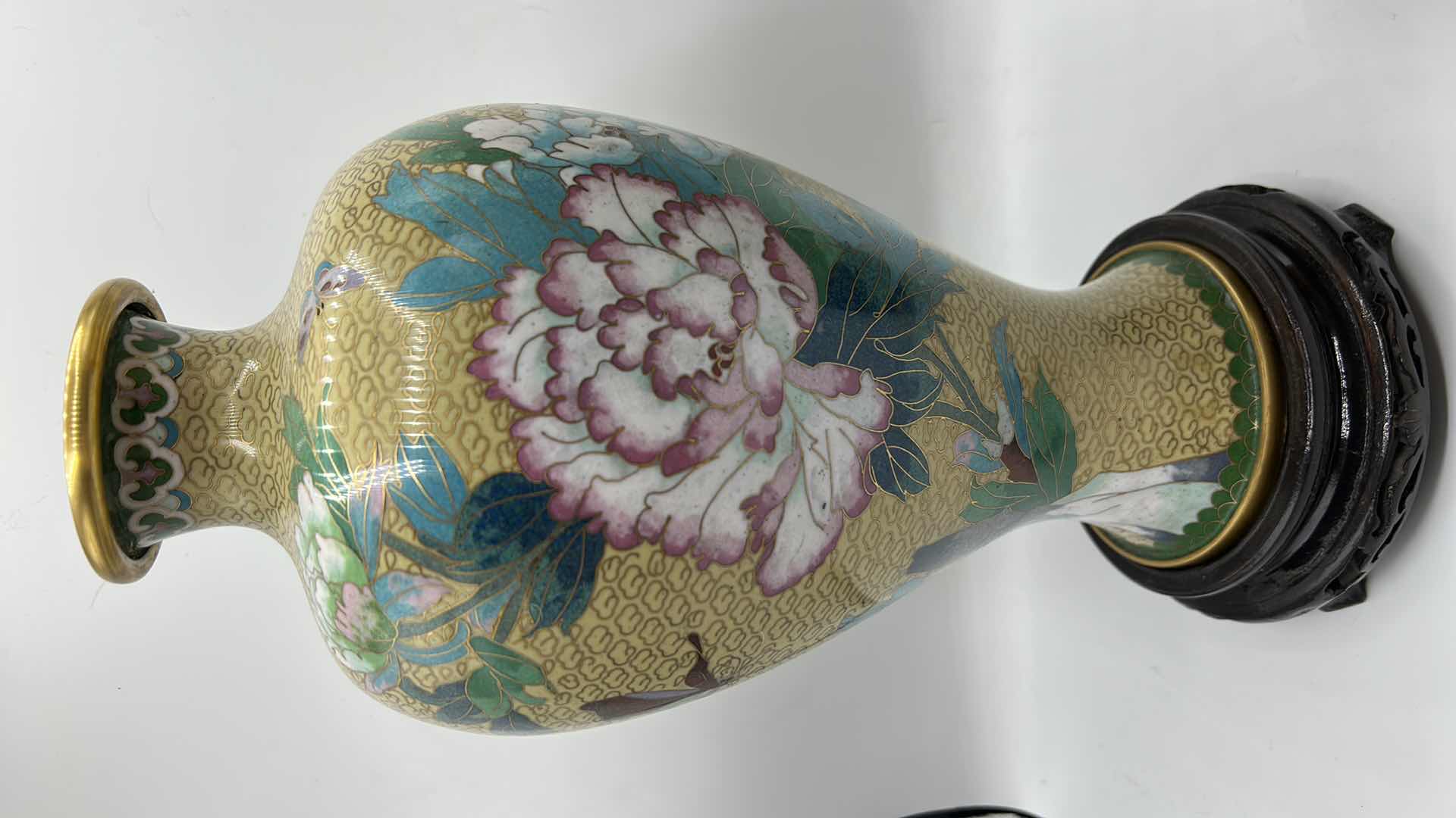 Photo 1 of TWO METAL AND ENAMEL ASIAN STYLE VASES ON WOOD STANDS H14”