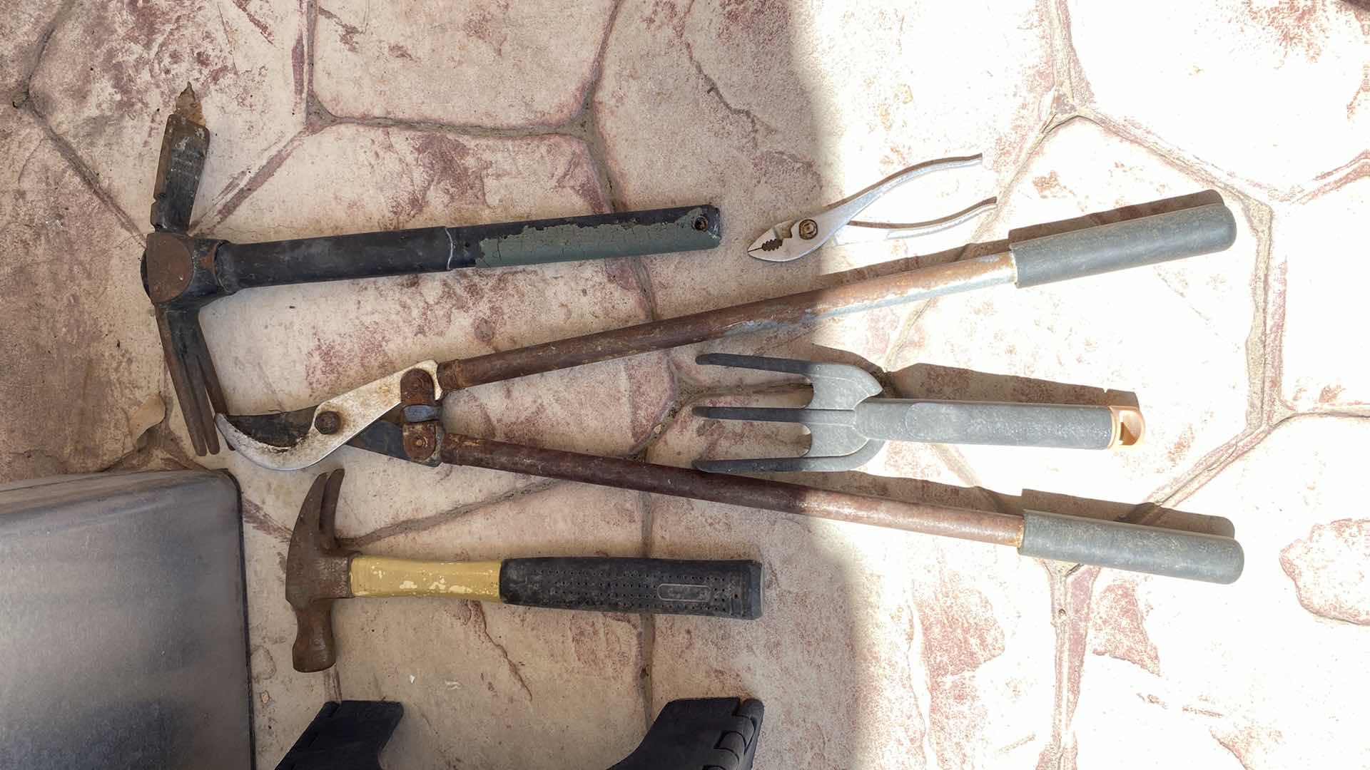 Photo 1 of SMALL TRASH CAN STEP STOOL AND GARDEN TOOLS