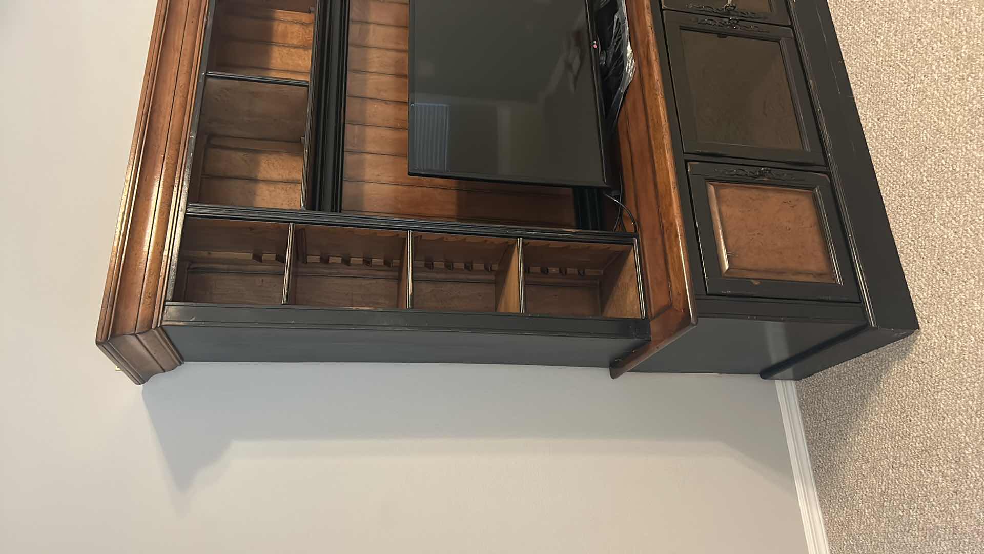 Photo 1 of HOOKER FURNITURE HAND PRODUCED ANTIQUE REPRODUCTION LIGHTED ENTERTAINMENT MEDIA CENTER W EXTRA DOORS AND ACCESSORIES  83” x 22” x H 82” ( TV SOLD SEPARATELY)