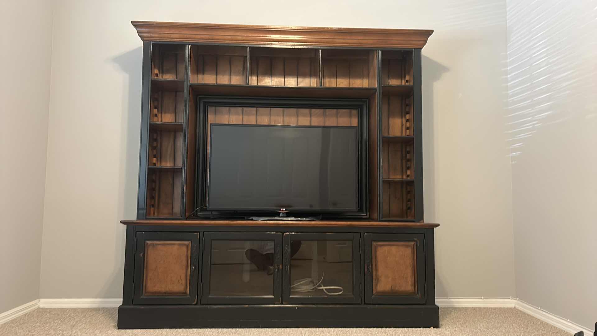 Photo 1 of HOOKER FURNITURE HAND PRODUCED ANTIQUE REPRODUCTION LIGHTED ENTERTAINMENT MEDIA CENTER W EXTRA DOORS AND ACCESSORIES  83” x 22” x H 82” ( TV SOLD SEPARATELY)