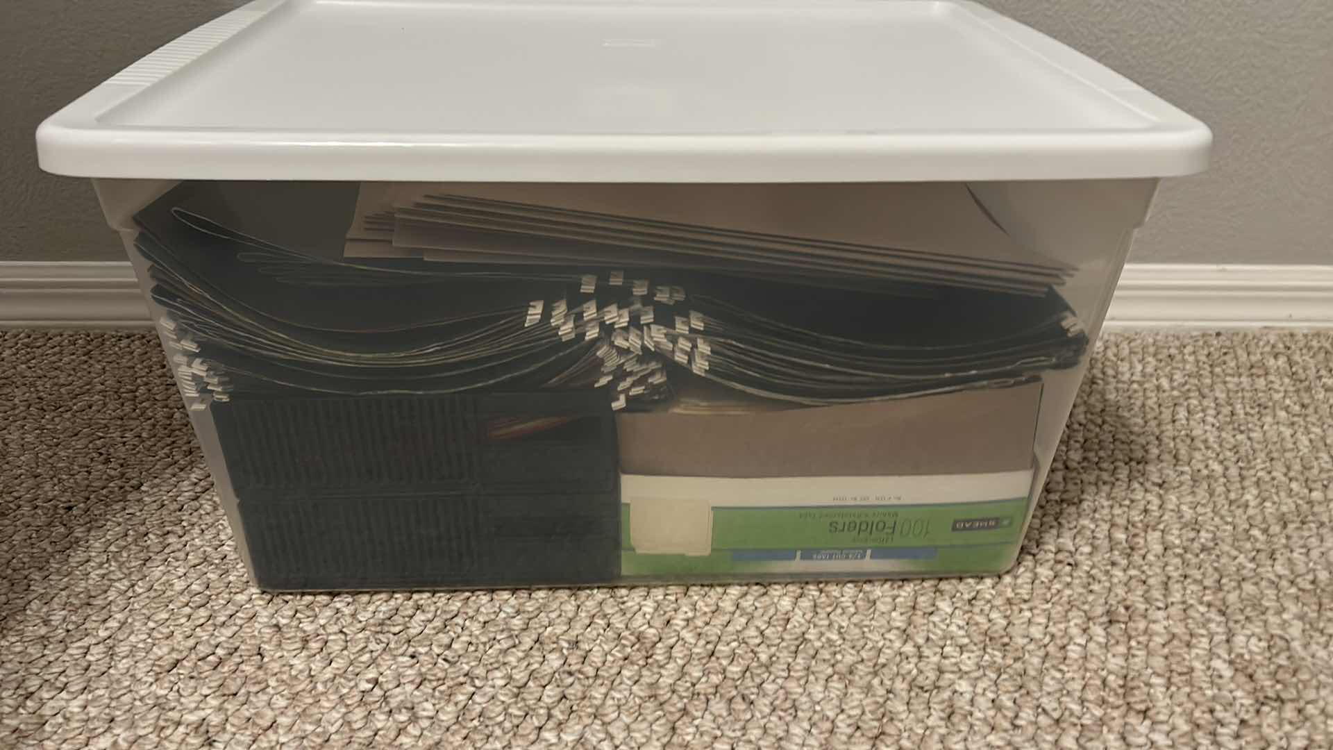 Photo 1 of LARGE PLASTIC TOTE FULL OF FILE FOLDERS TOTE 24” x 16” x H12”