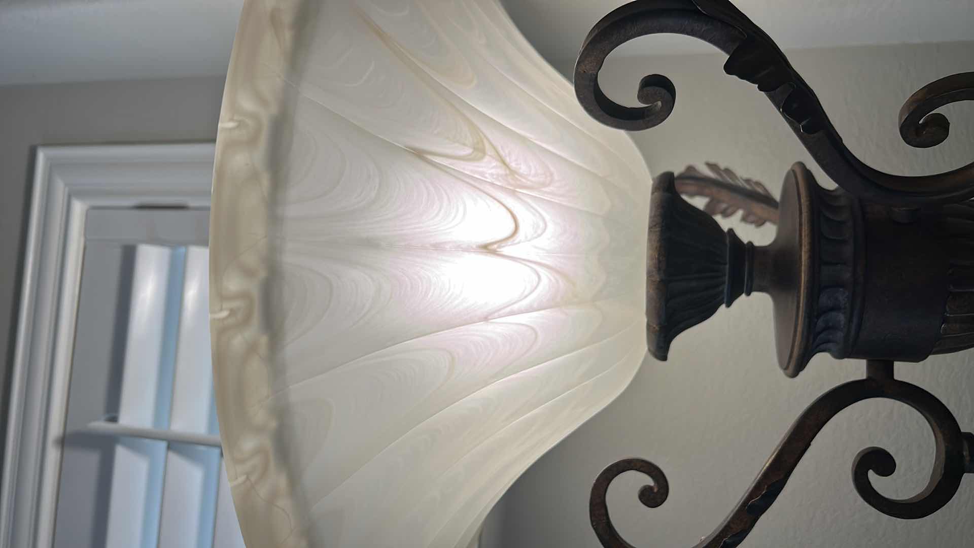 Photo 7 of AGED BRONZE TORCHIERE LAMP WITH IVORY GLASS SHADE  H 69”