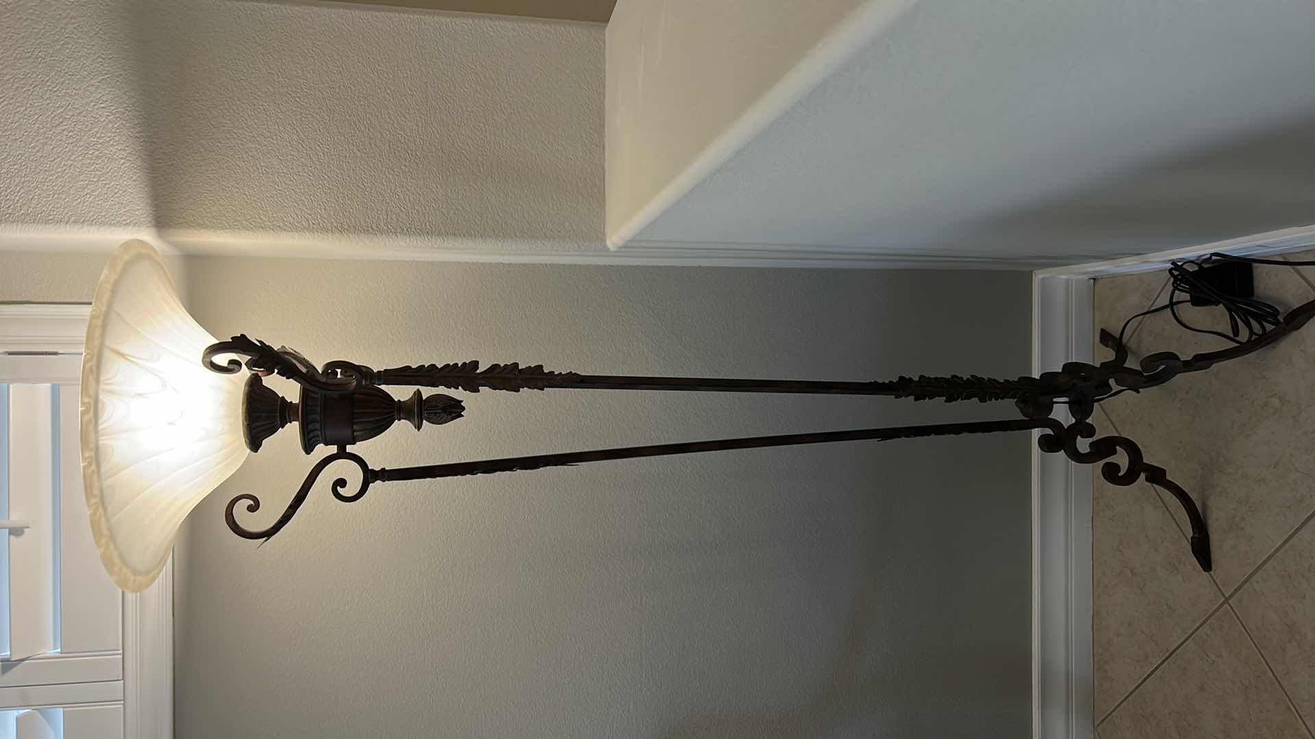 Photo 10 of AGED BRONZE TORCHIERE LAMP WITH IVORY GLASS SHADE  H 69”