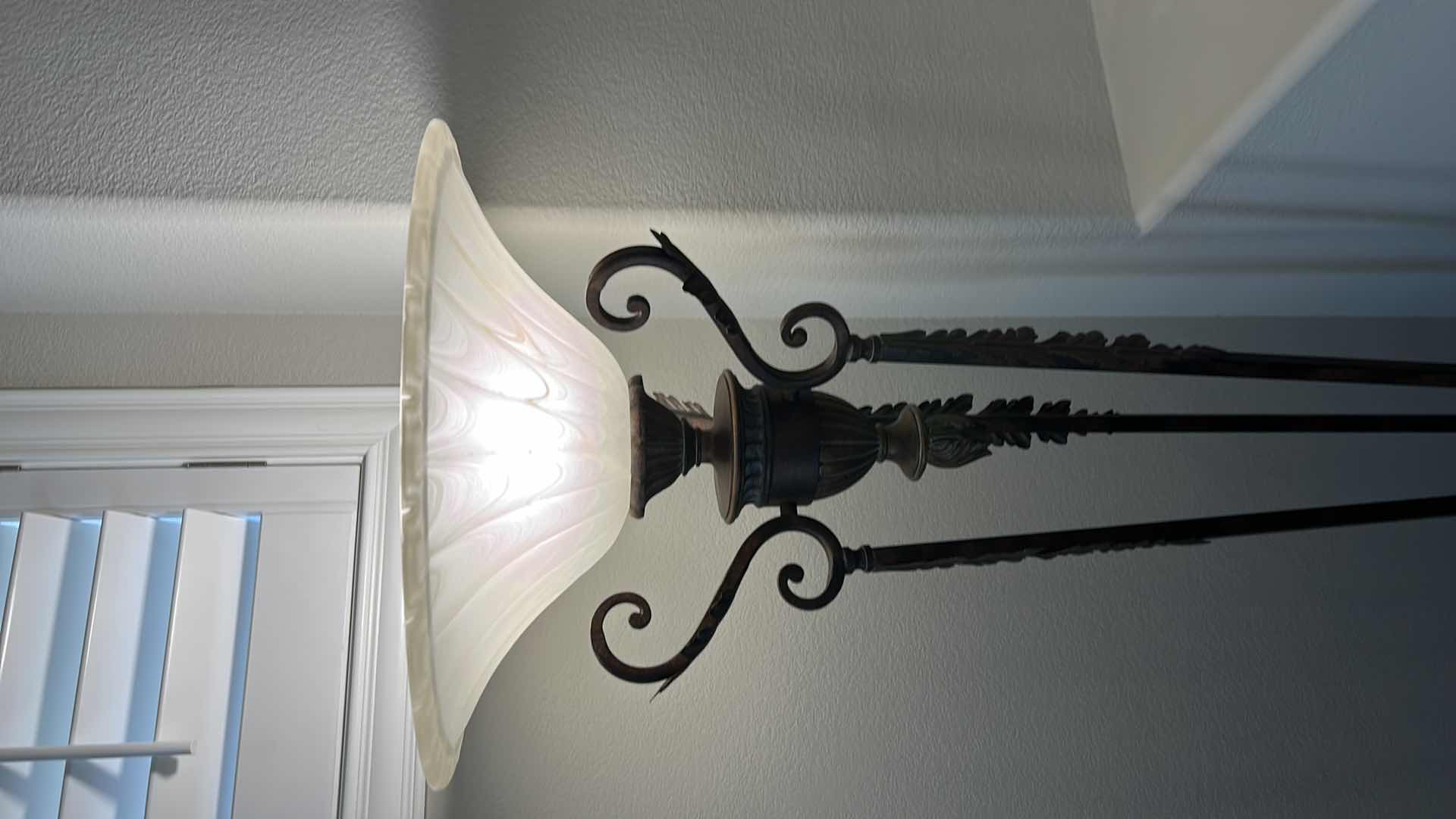 Photo 2 of AGED BRONZE TORCHIERE LAMP WITH IVORY GLASS SHADE  H 69”