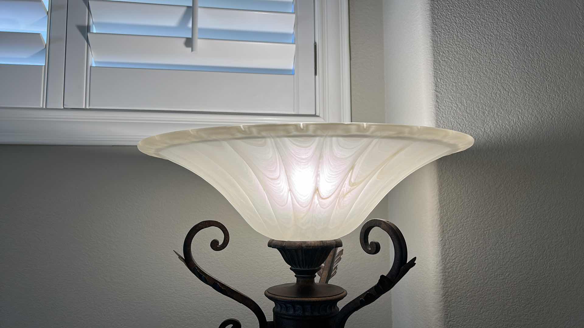 Photo 1 of AGED BRONZE TORCHIERE LAMP WITH IVORY GLASS SHADE  H 69”