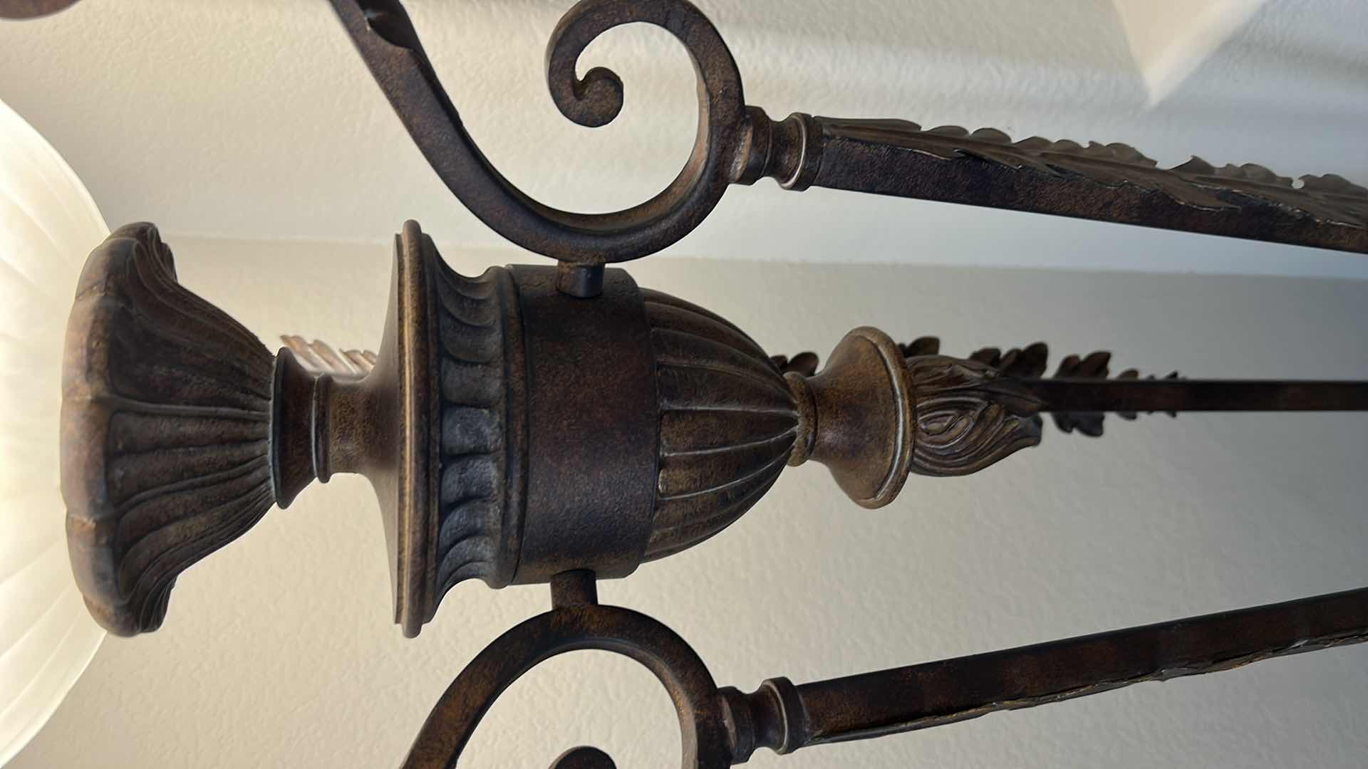 Photo 3 of AGED BRONZE TORCHIERE LAMP WITH IVORY GLASS SHADE  H 69”