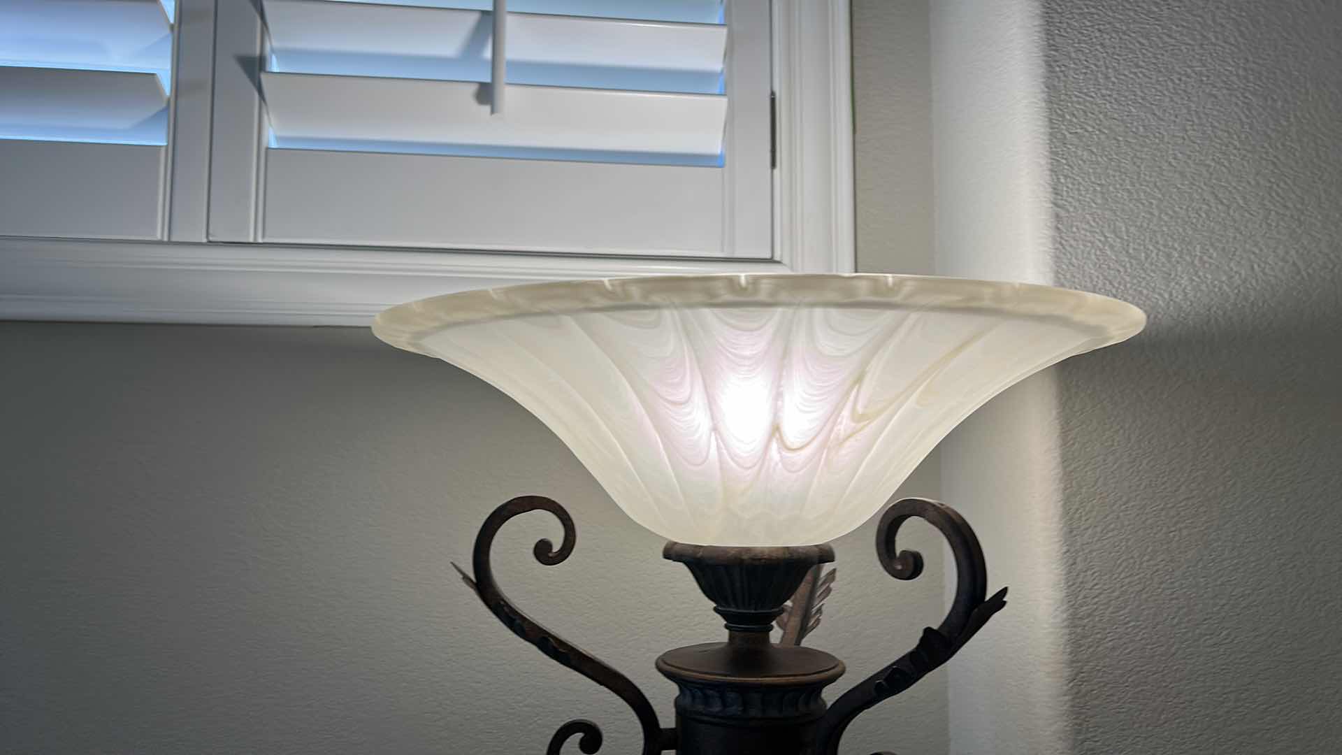 Photo 9 of AGED BRONZE TORCHIERE LAMP WITH IVORY GLASS SHADE  H 69”