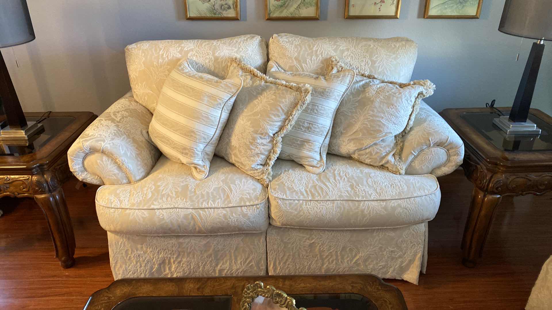 Photo 1 of 6’ CREAM BROCADE UPHOLSTERY DOWN SOFA