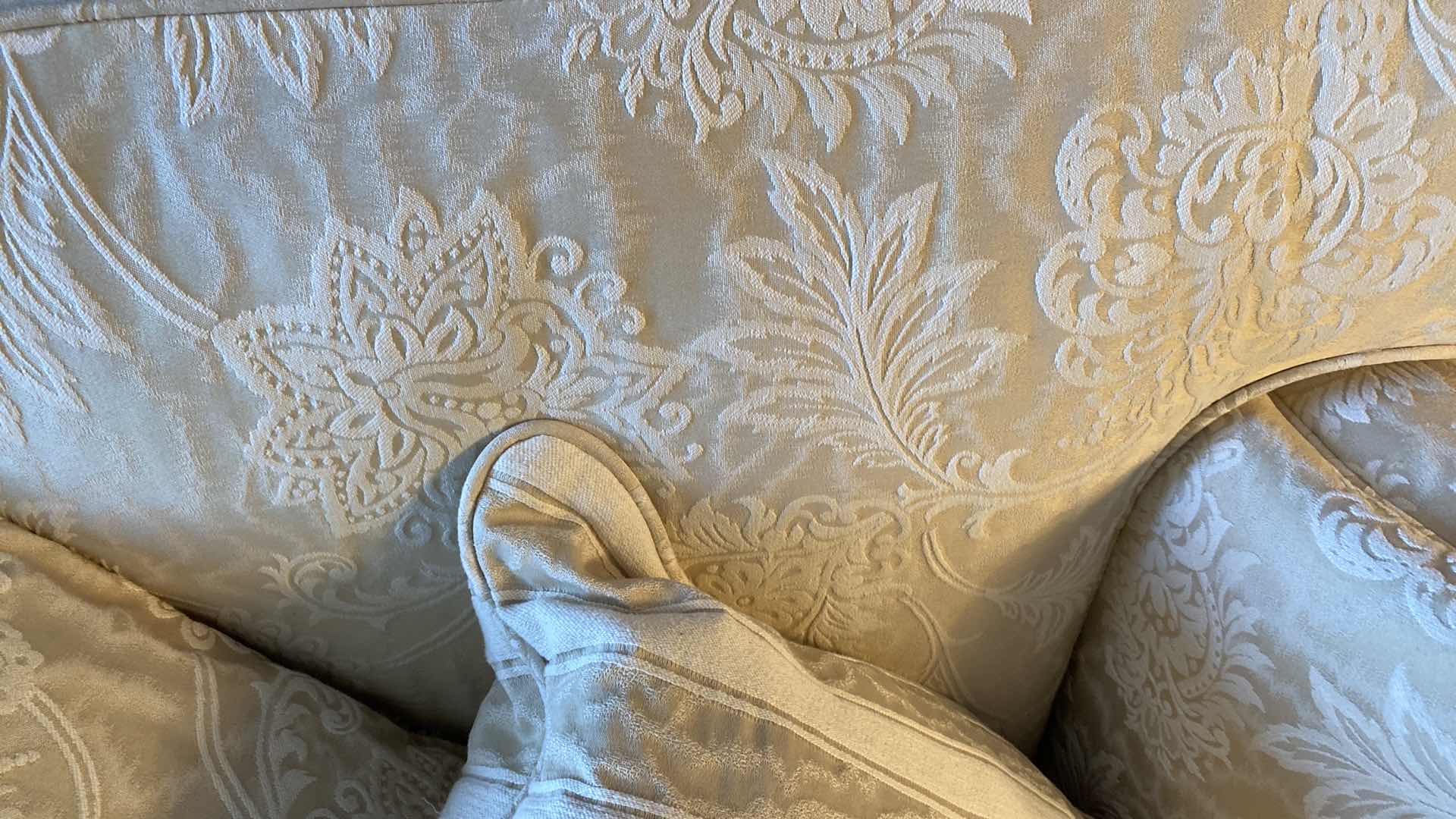 Photo 1 of 6’ CREAM BROCADE UPHOLSTERY DOWN SOFA