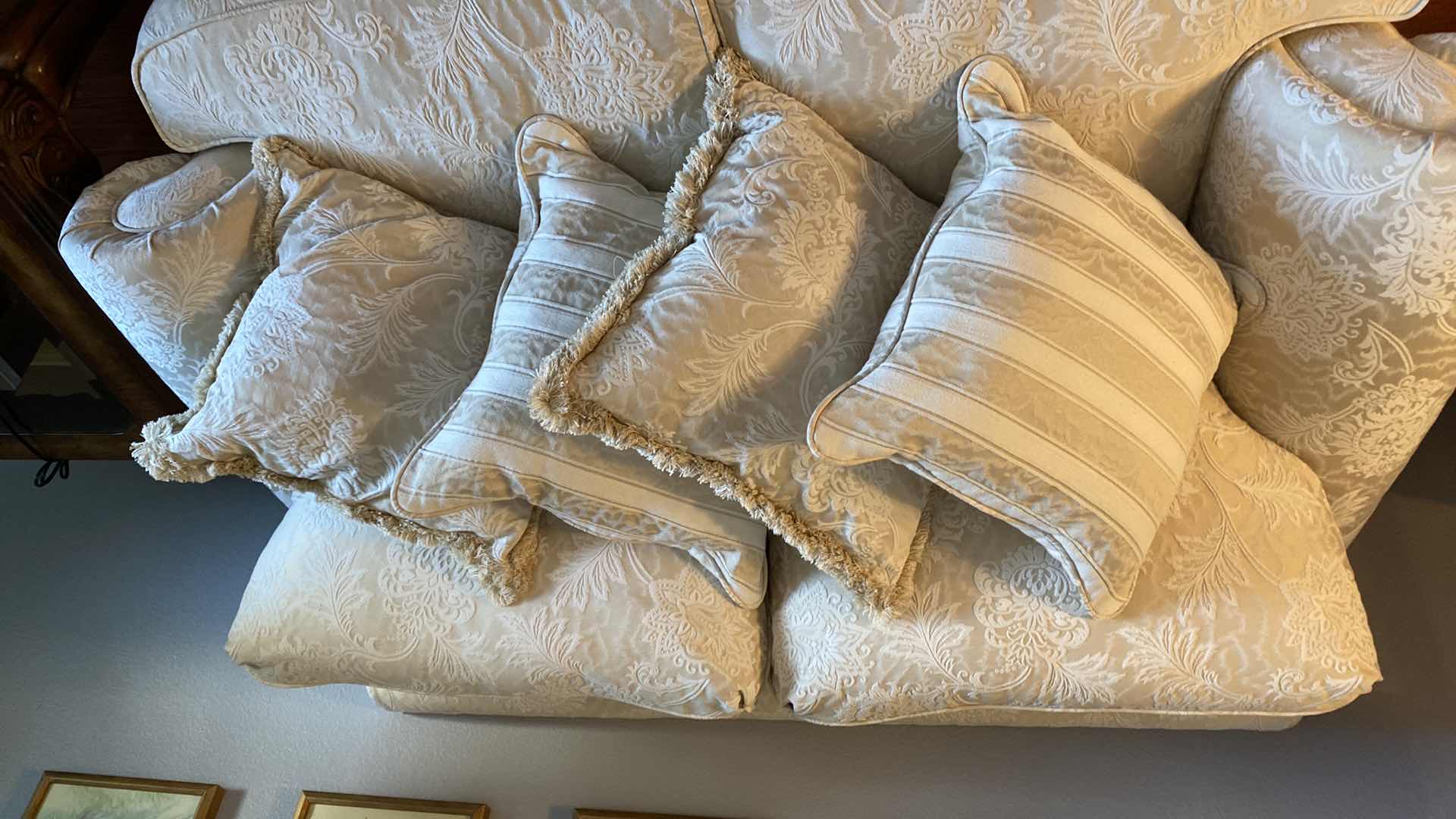 Photo 1 of 6’ CREAM BROCADE UPHOLSTERY DOWN SOFA