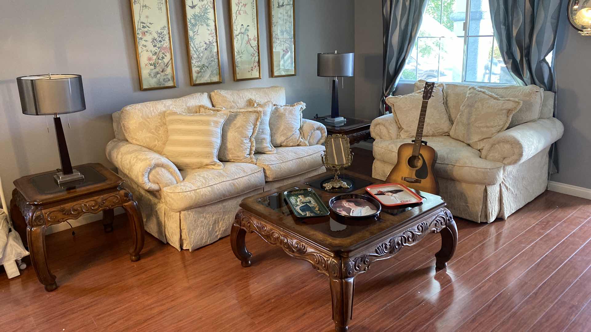 Photo 1 of 6’ CREAM BROCADE UPHOLSTERY DOWN SOFA