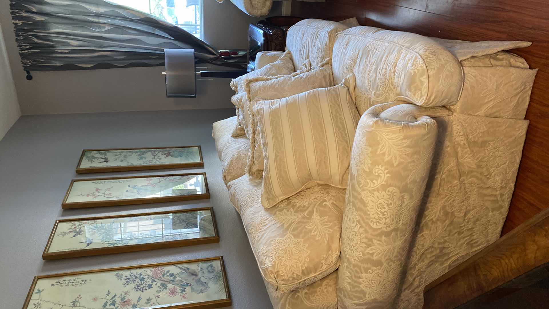 Photo 1 of 6’ CREAM BROCADE UPHOLSTERY DOWN SOFA