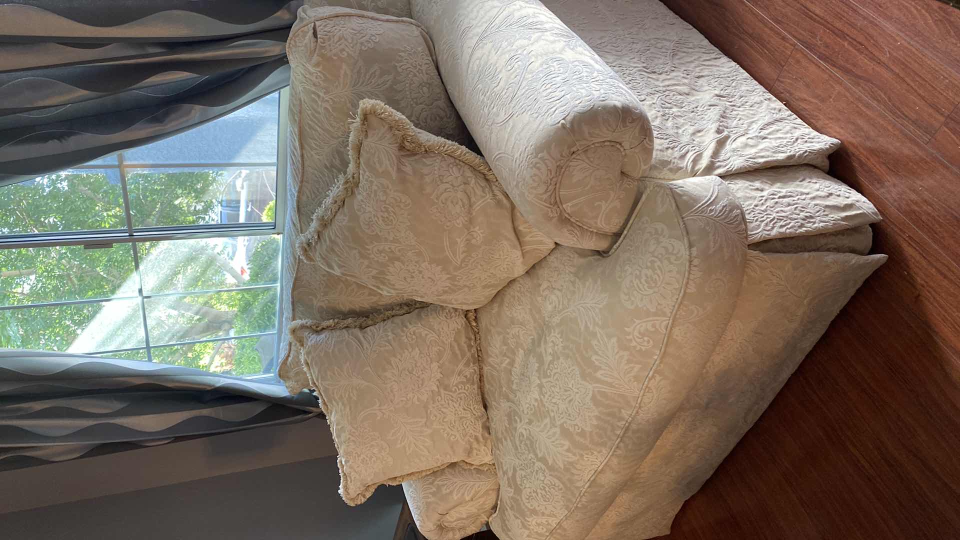 Photo 1 of 56” CREAM BROCADE UPHOLSTERY DOWN SOFA