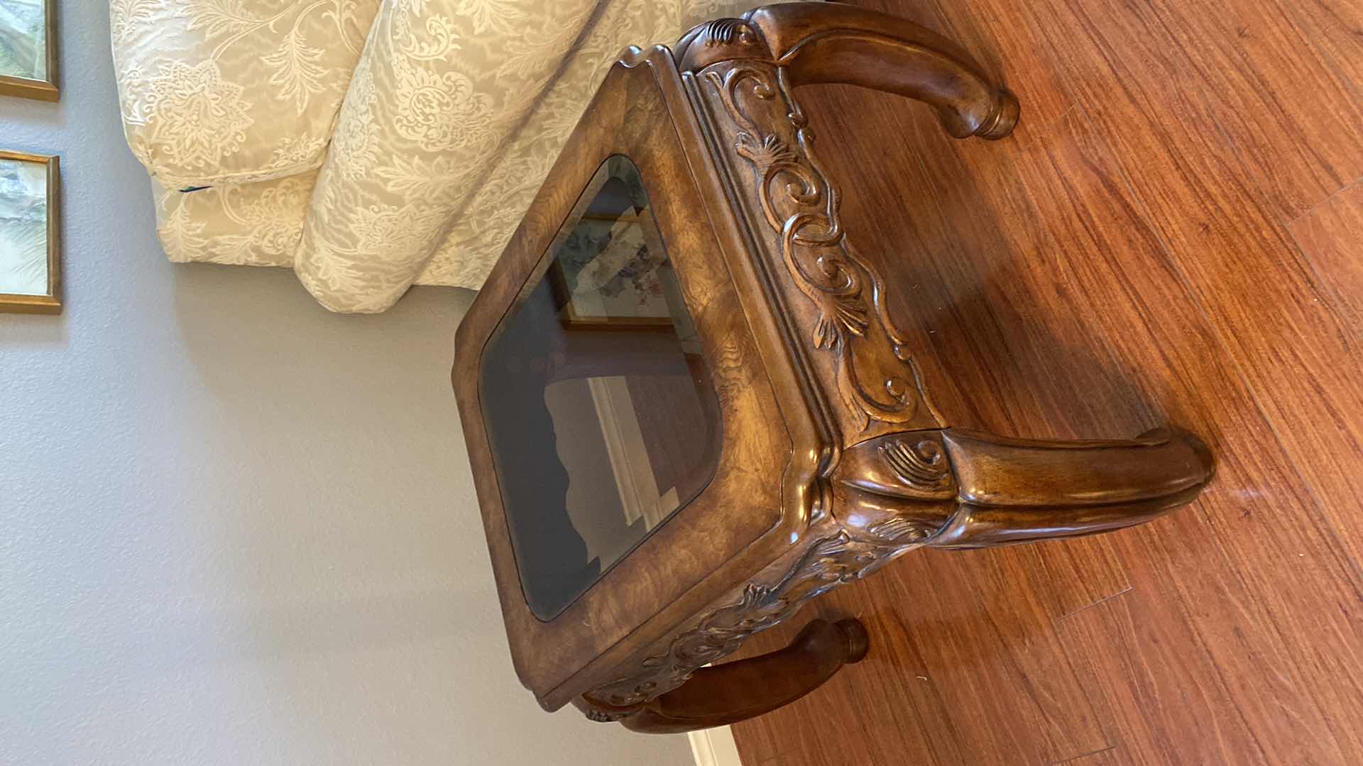 Photo 1 of SOLID ORNATE WOOD END TABLE WITH BEVELED GLASS 24” X 28” H24”