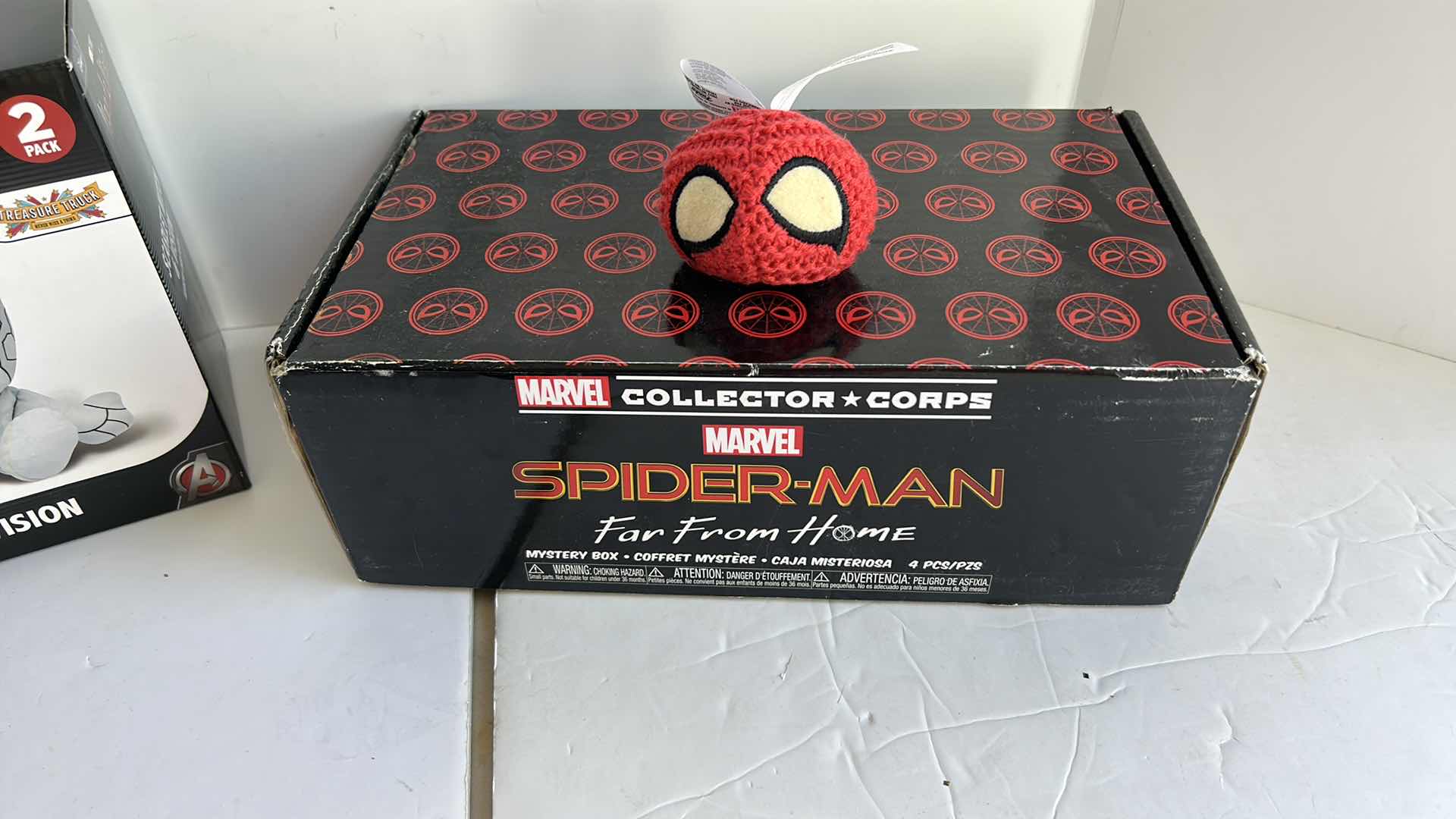 Photo 1 of NEW MARVEL AND POP TOYS PLUS MYSTERY BOX WHICH INCLUDES XS TEE, BAG AND CROCHETED SPIDER MAN BEAN BAG