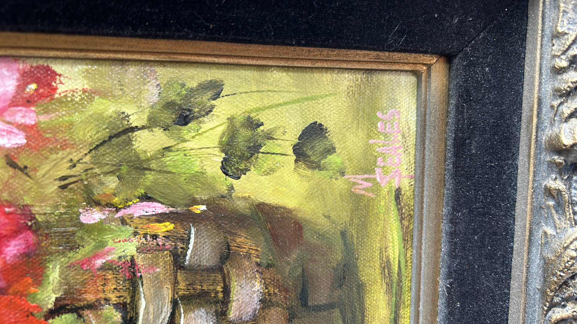 Photo 1 of ORNATE GOLD FRAMED OIL PAINTING “FLOWERS” SIGNED ARTWORK 14”x 22”