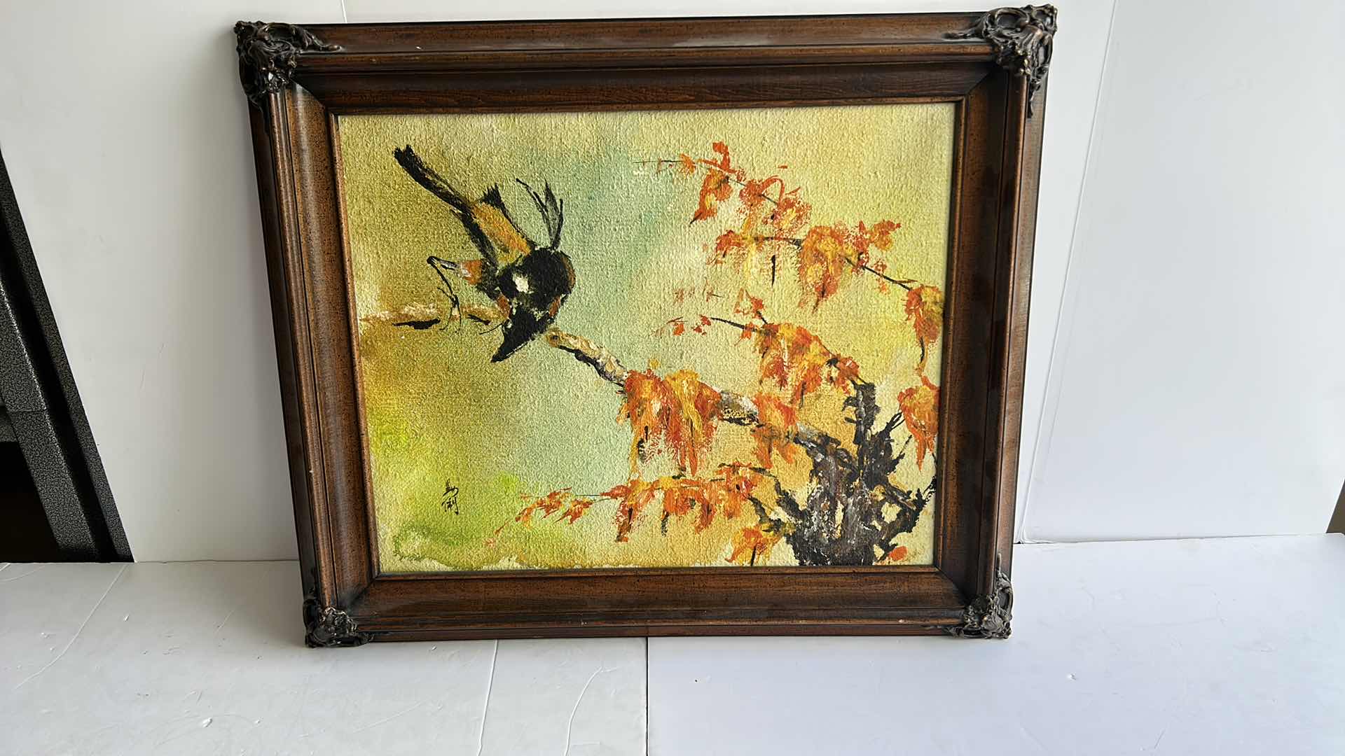Photo 1 of ORNATE WOOD FRAMED ORIGINAL PAINTING  ON CANVAS “BIRD ON BRANCH” SIGNED ARTWORK 25” x 21.5”