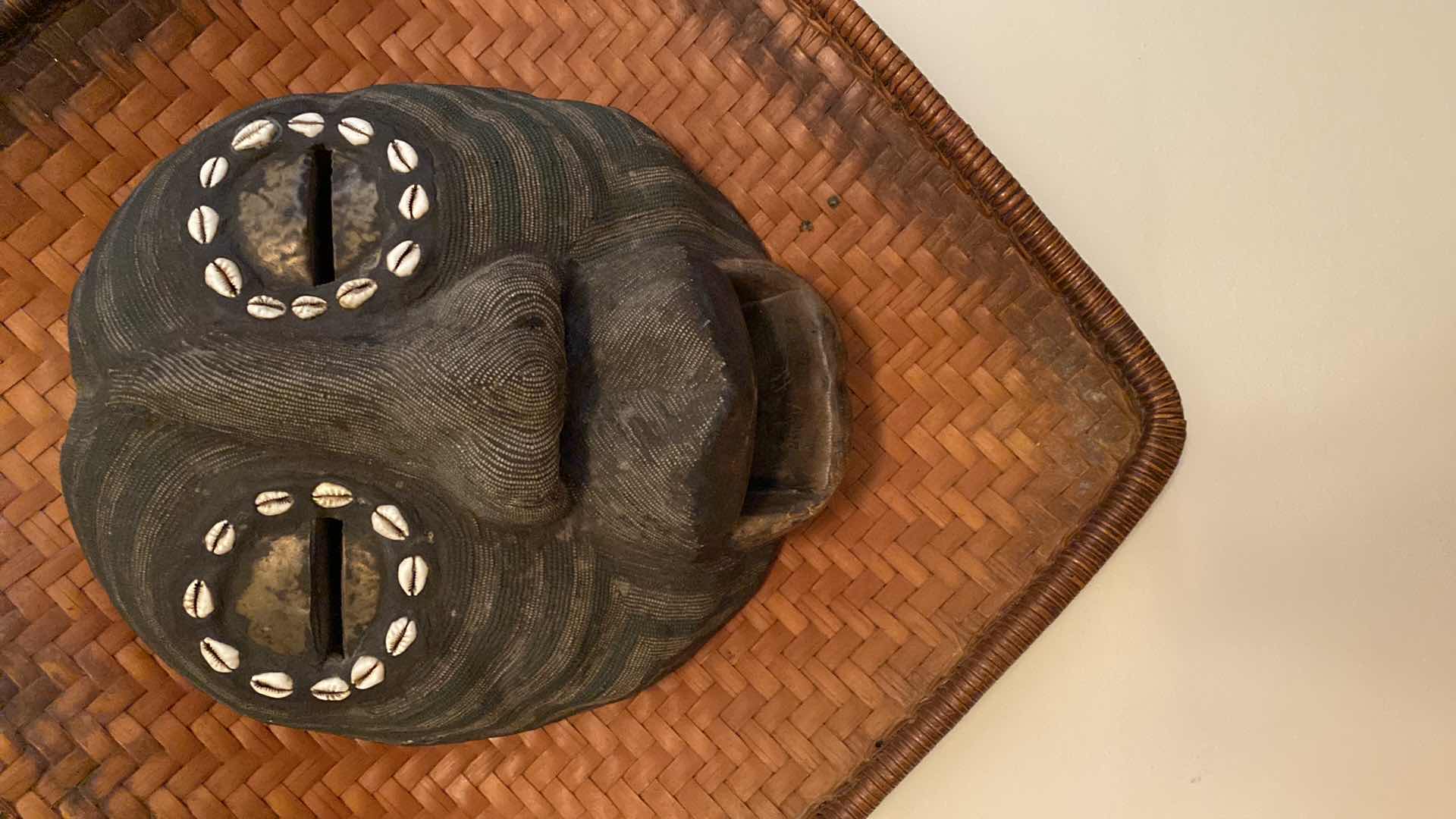 Photo 1 of VINTAGE AFRICAN TRIBAL MASK ON BASKET MASK MEASURES 13” X 14” 