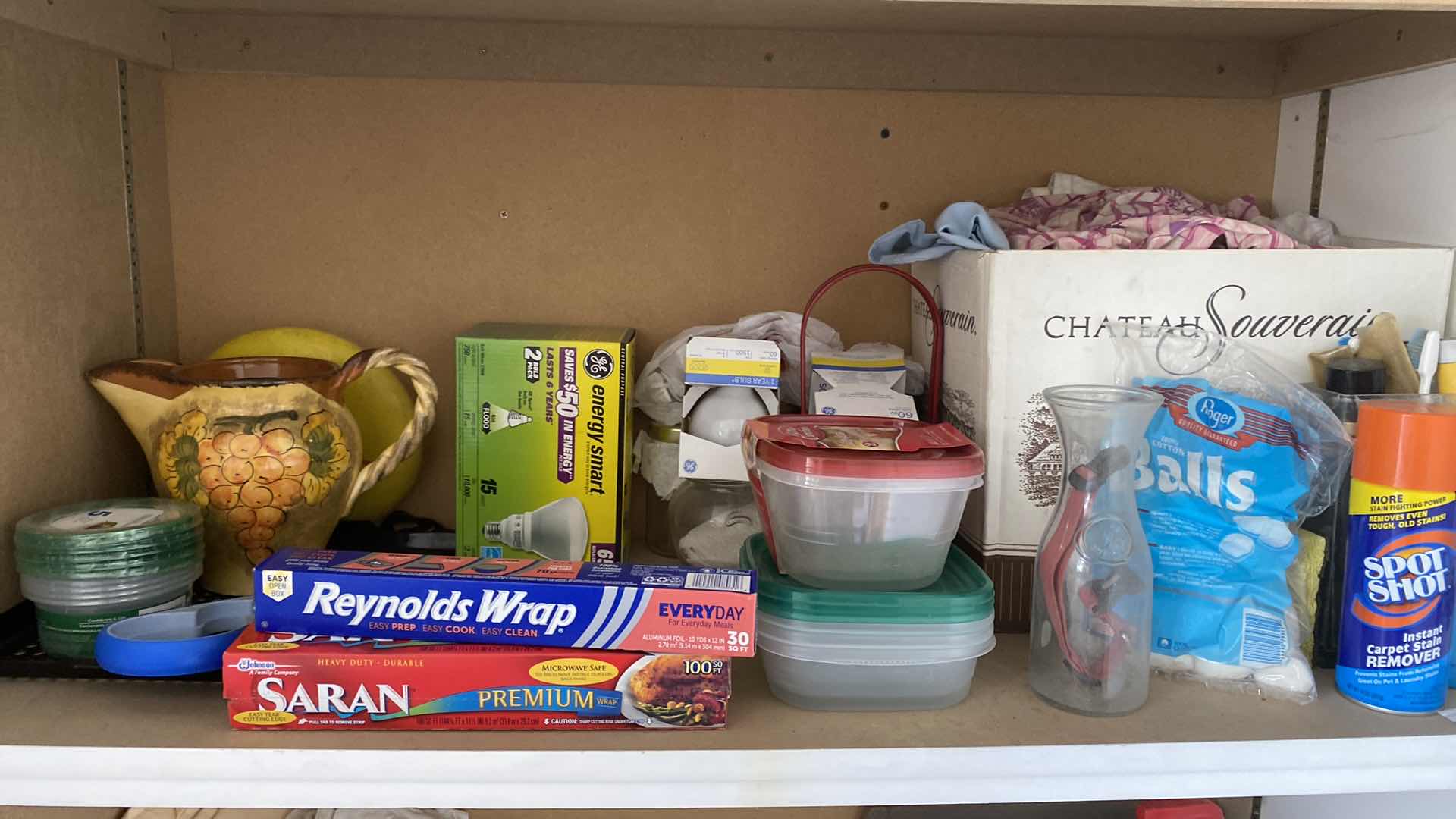 Photo 1 of 2 SHELFS OF GARAGE CABINET JARS RAGS KITCHEN AND HOUSEHOLD ITEMS