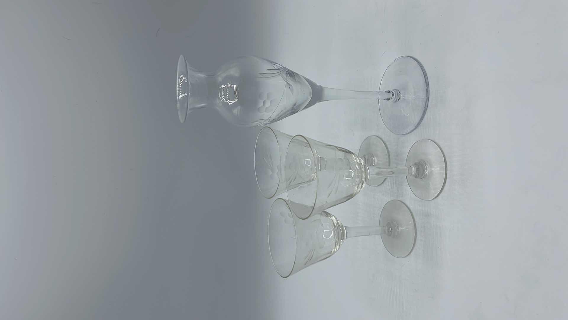 Photo 1 of LENOX HAND BLOWN CRYSTAL VASE H 7.5” W/ ETCHED VINTAGE CORDIAL GLASSES H 4.5” (SET OF 3)