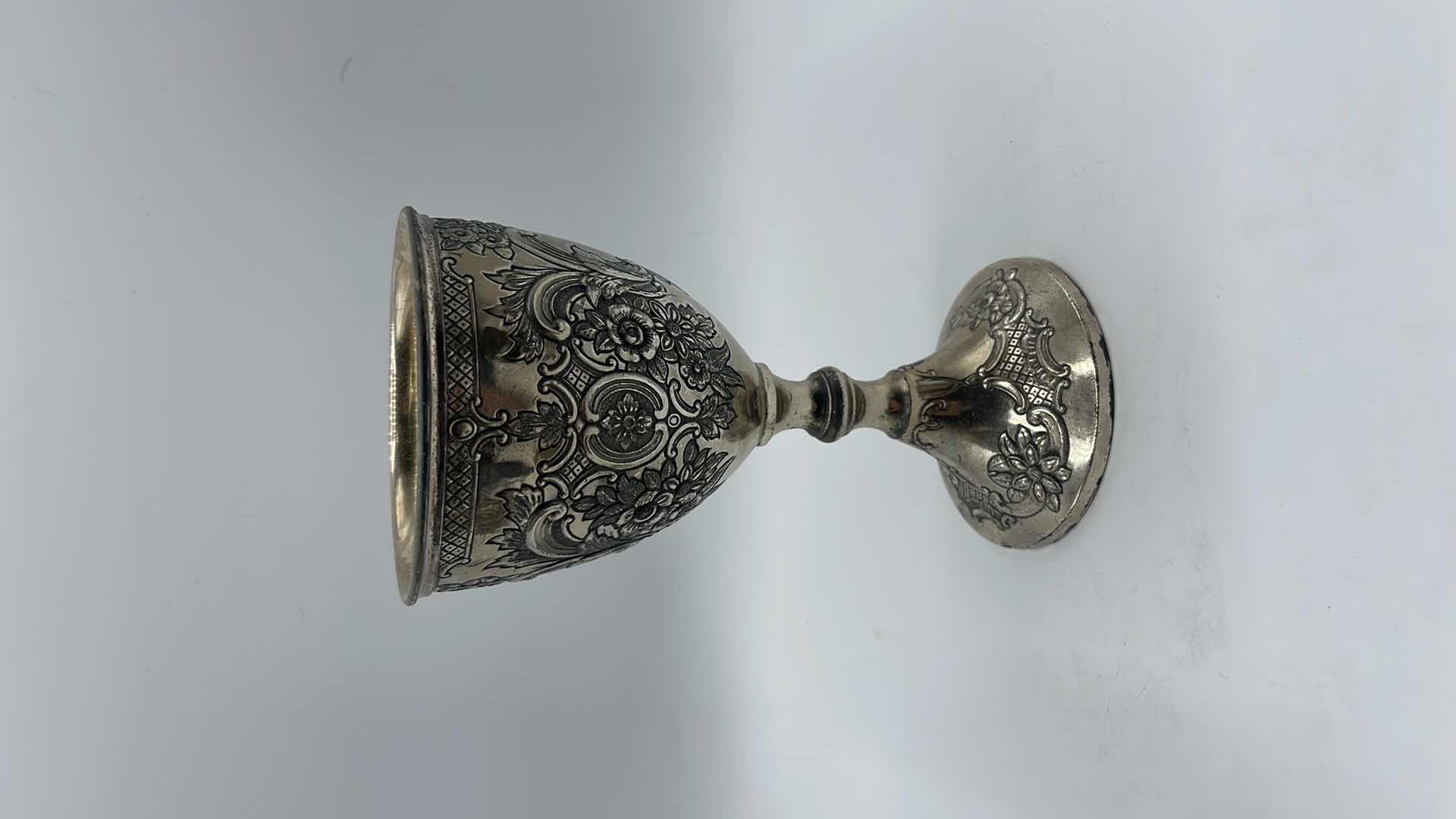 Photo 1 of VINTAGE SILVER-PLATED GRAPEVINE WINE GOBLETS W/CHAMPAGNE BOTTLE COASTER AND TRINKET PLATE