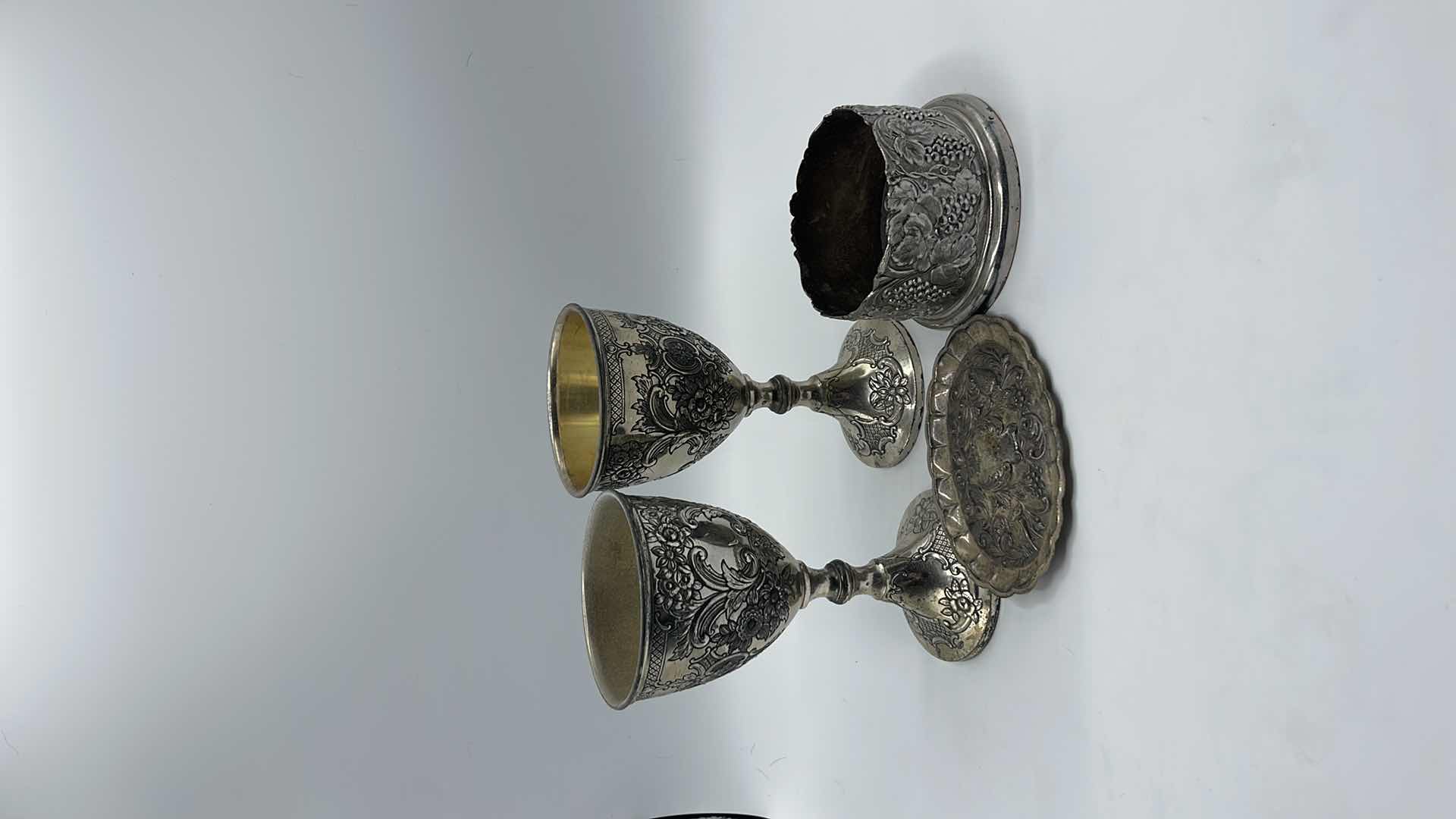 Photo 1 of VINTAGE SILVER-PLATED GRAPEVINE WINE GOBLETS W/CHAMPAGNE BOTTLE COASTER AND TRINKET PLATE