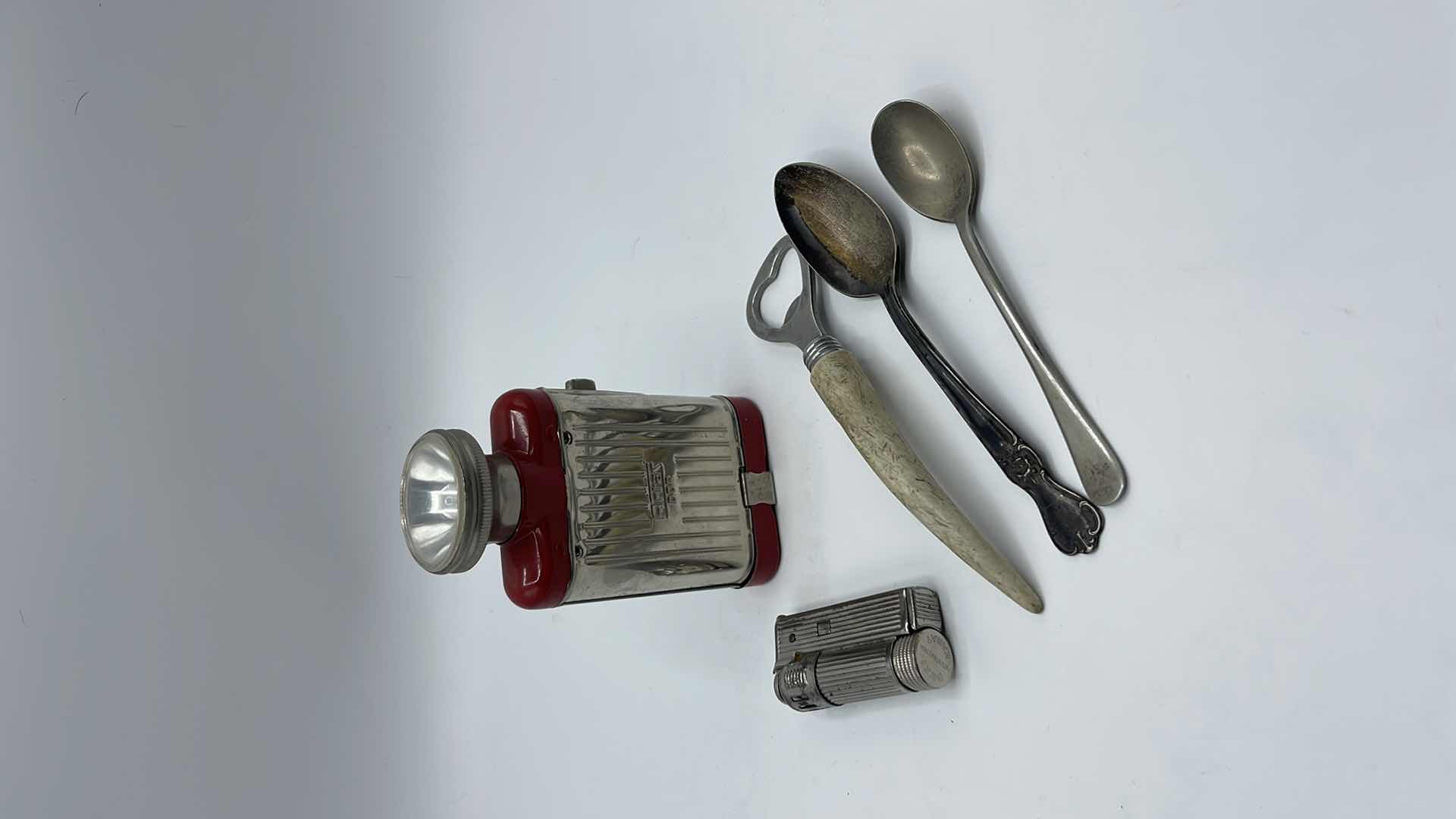 Photo 1 of VINTAGE POCKET FLASHLIGHT, LIGHTER AND SILVERWARE