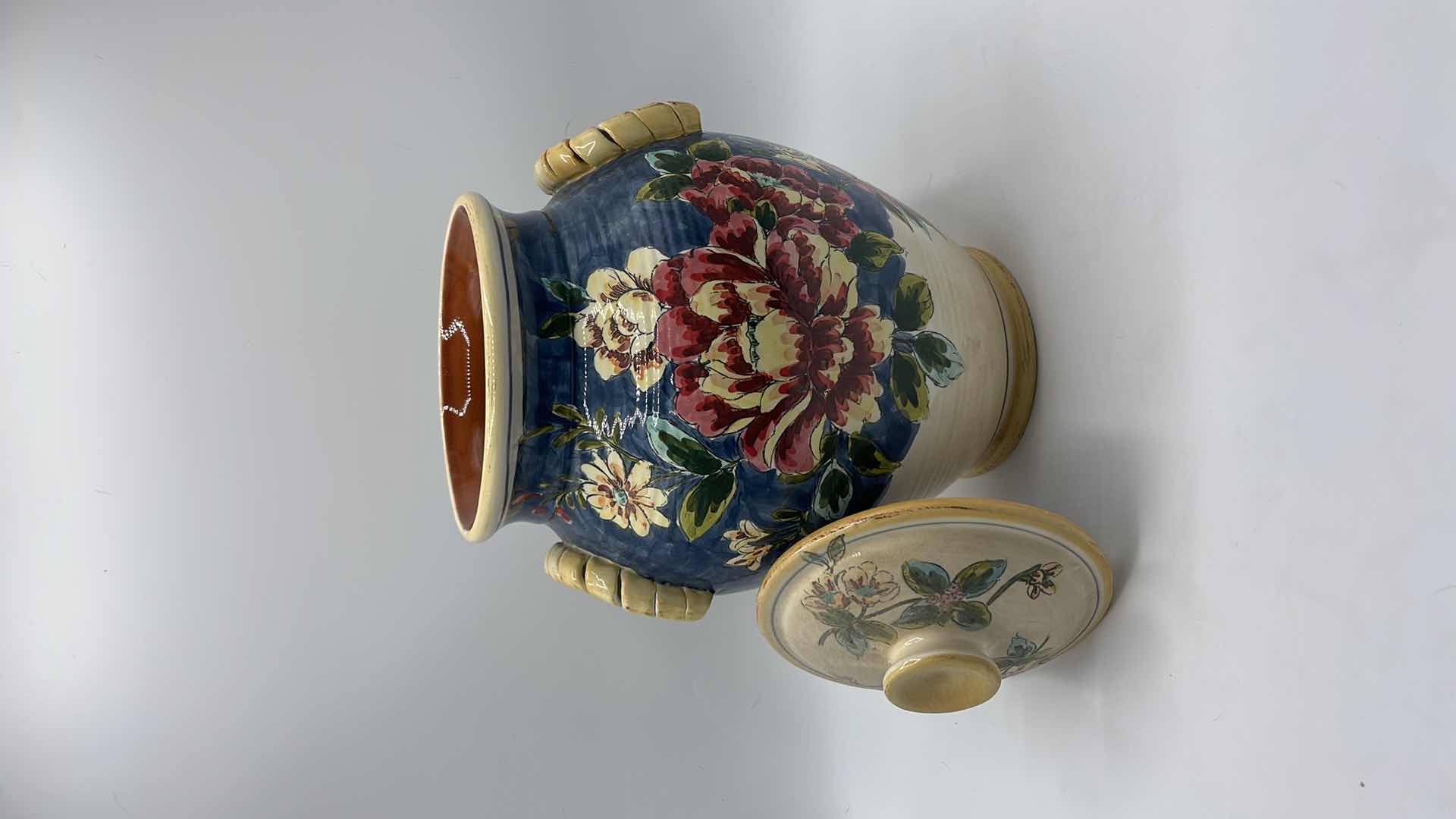 Photo 1 of ANTIQUE HAND PAINTED CERAMIC JAR W/LID H 12”
