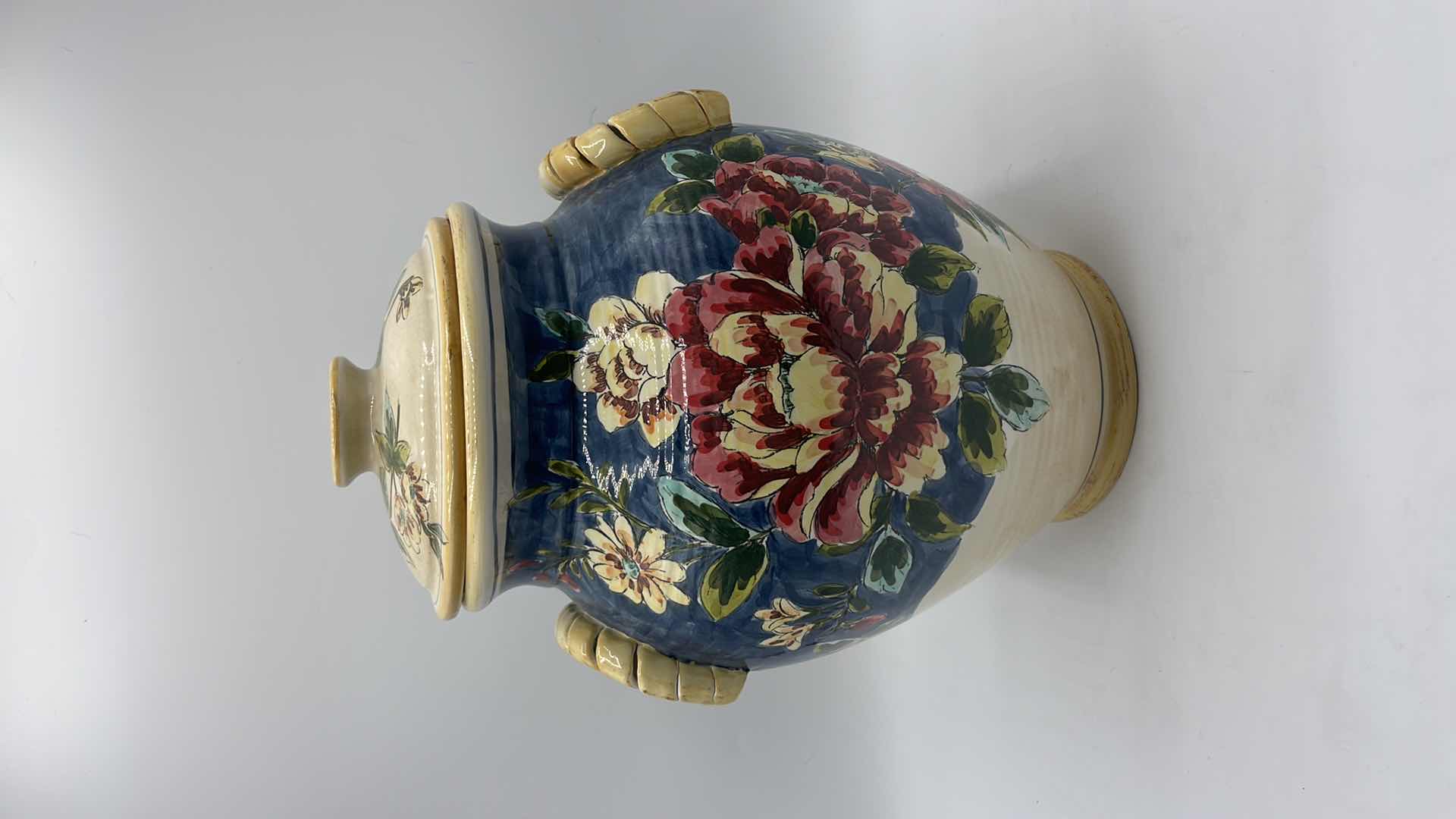 Photo 1 of ANTIQUE HAND PAINTED CERAMIC JAR W/LID H 12”