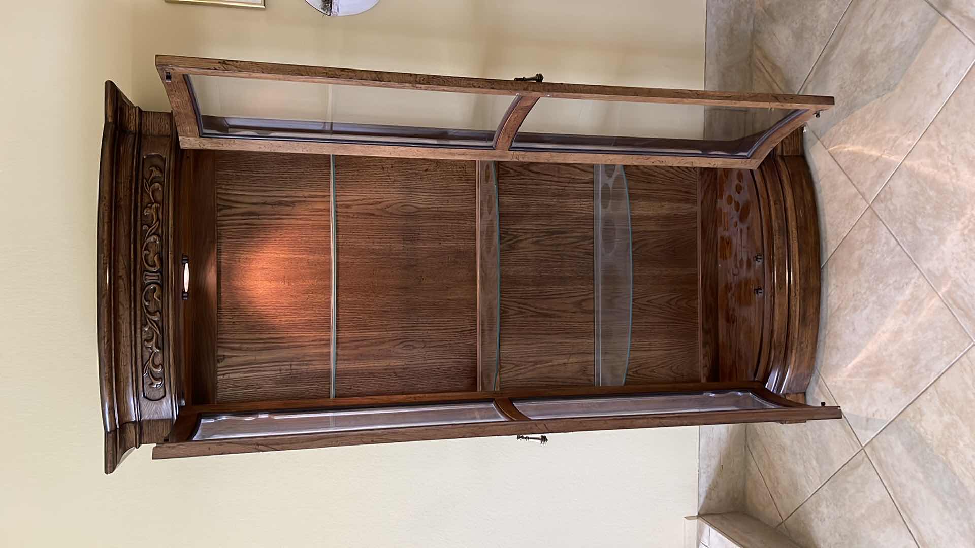 Photo 1 of AMERICAN FURNITURE CO. WOOD AND GLASS 2 DOOR LIGHTED CURIO CABINET 32” X 9” H 76”