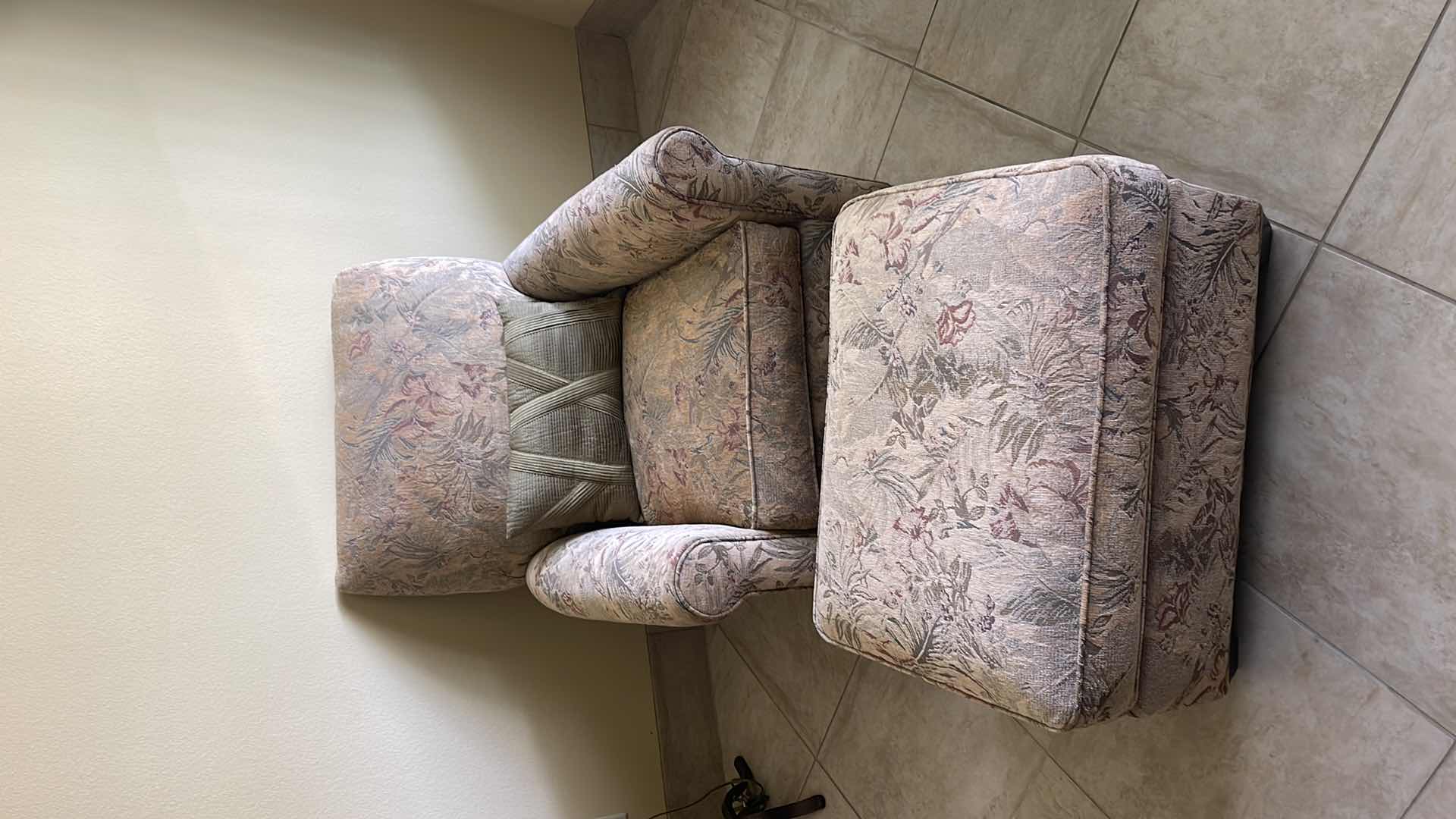 Photo 1 of UPHOLSTERED FLORAL ARMCHAIR W/OTTOMAN AND PILLOW