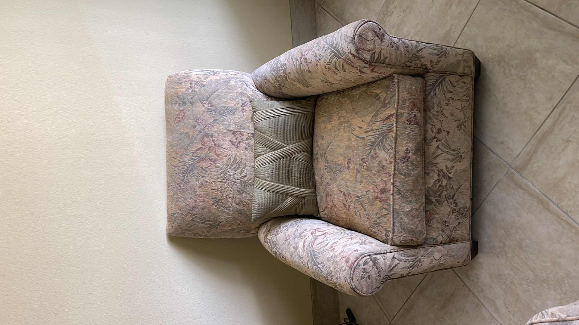 Photo 1 of UPHOLSTERED FLORAL ARMCHAIR W/OTTOMAN AND PILLOW