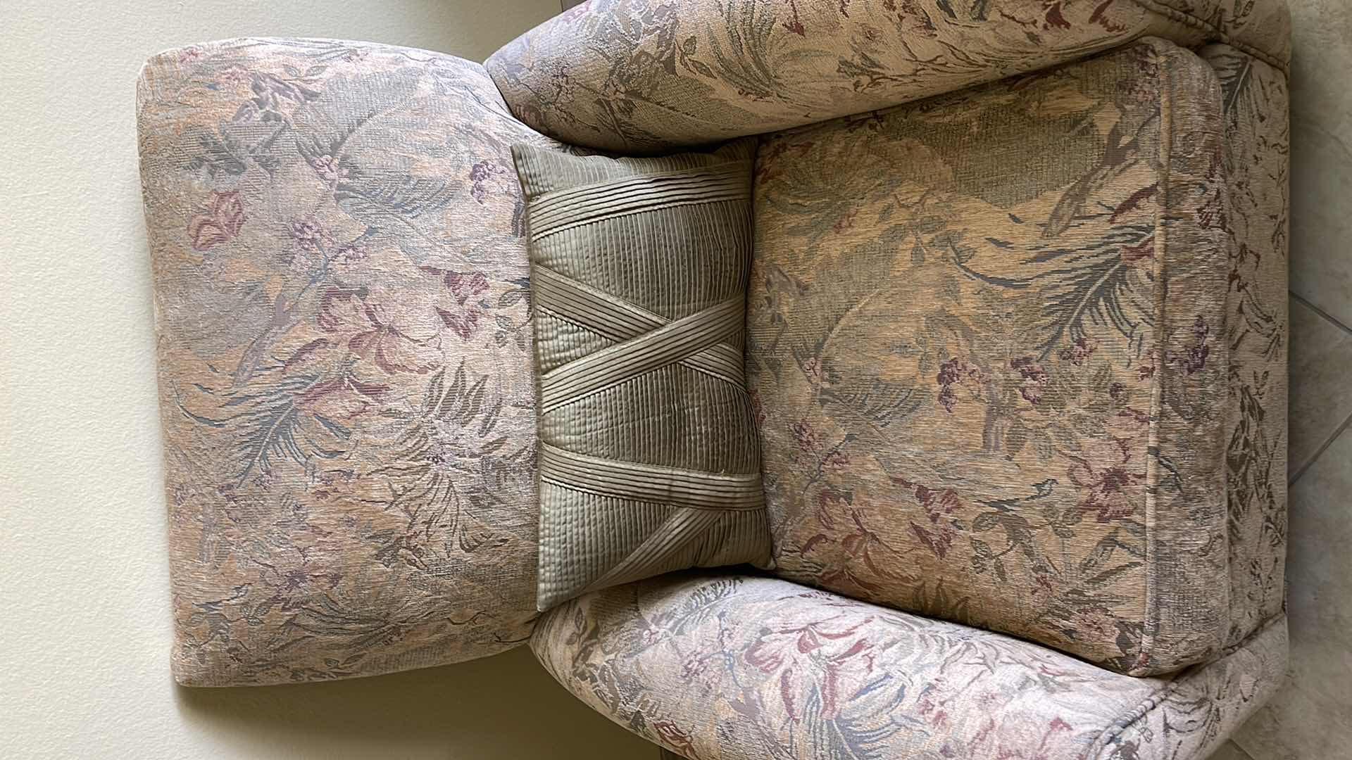 Photo 1 of UPHOLSTERED FLORAL ARMCHAIR W/OTTOMAN AND PILLOW