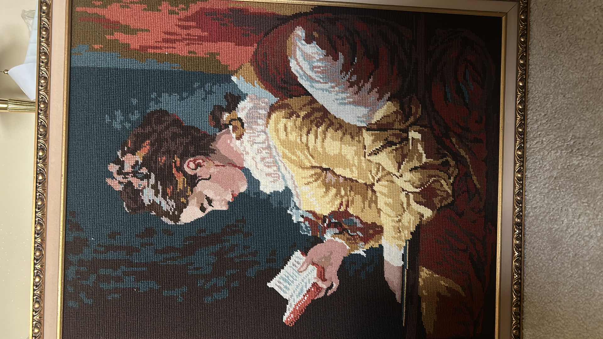 Photo 1 of GOLD FRAMED NEEDLEPOINT “VICTORIAN WOMAN READING BOOK” ARTWORK 24” x 30”