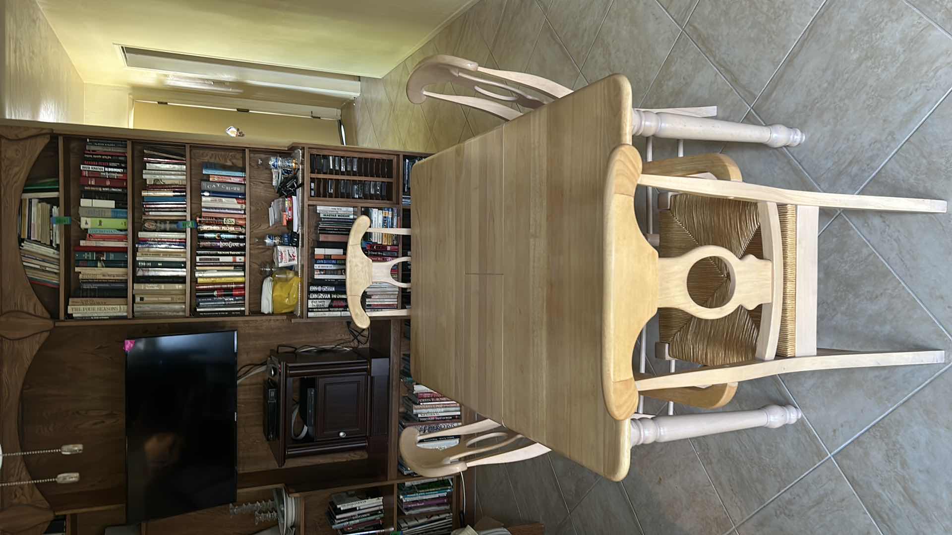 Photo 1 of LIGHT WOOD TONED TABLE AND FOUR CHAIRS WITH RUCHED SEATS EXPANDS TO 5’ (3’ x 5’)