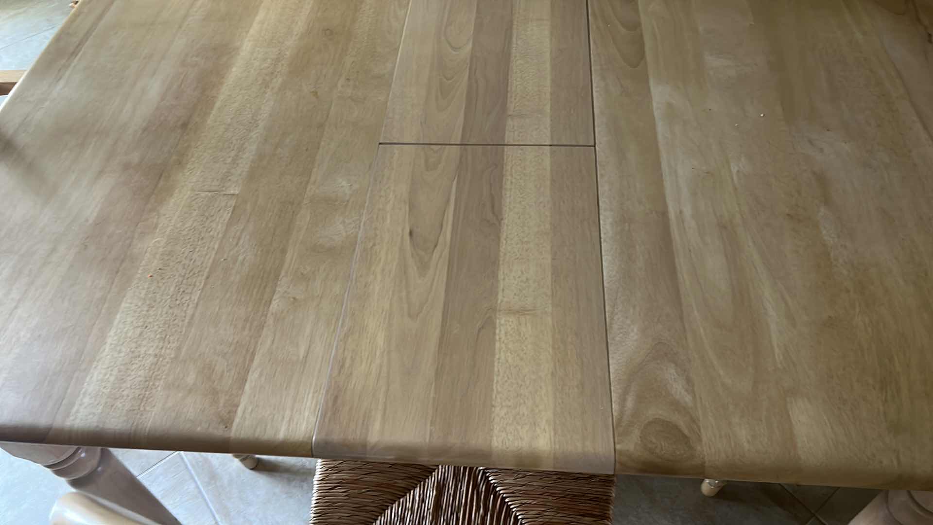 Photo 4 of LIGHT WOOD TONED TABLE AND FOUR CHAIRS WITH RUCHED SEATS EXPANDS TO 5’ (3’ x 5’)