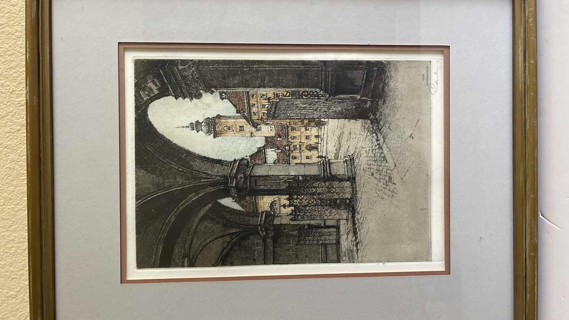 Photo 1 of ARTIST SIGNED JOSEF EIDENBERGER “WIEN SCHOTTENKIRCHE” COLORED PENCIL ETCHING IN FRAME 16” X 20”