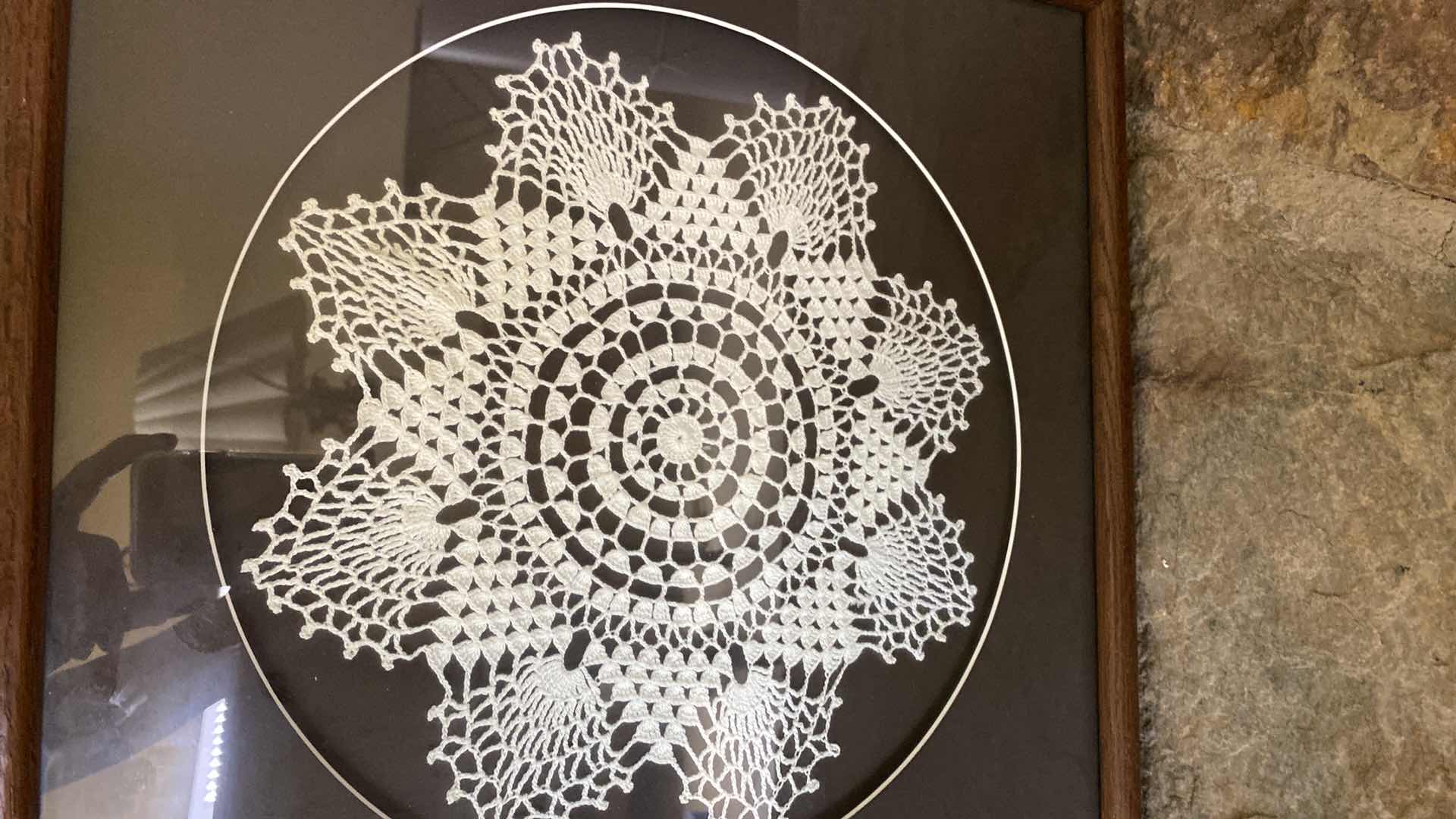 Photo 1 of VINTAGE WOOD FRAMED DOILE 17” X 18”