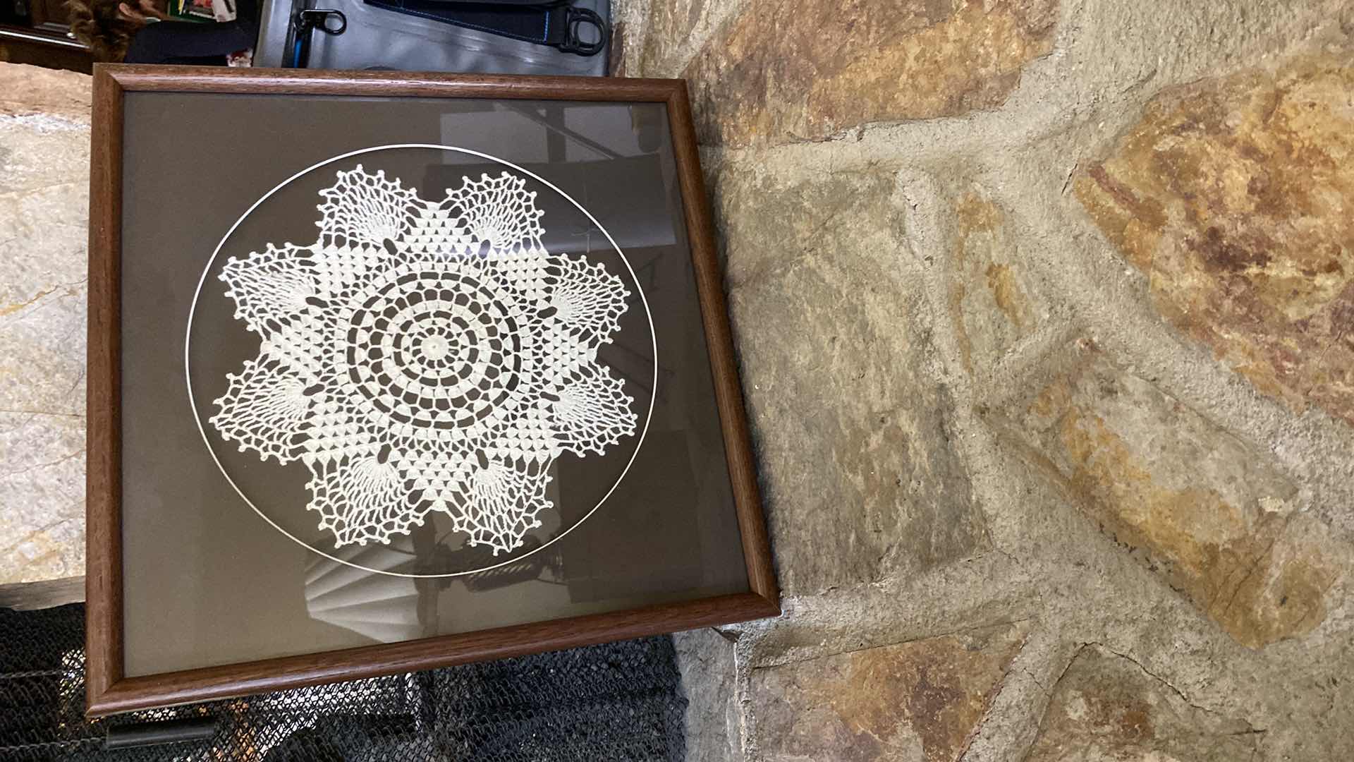 Photo 1 of VINTAGE WOOD FRAMED DOILE 17” X 18”