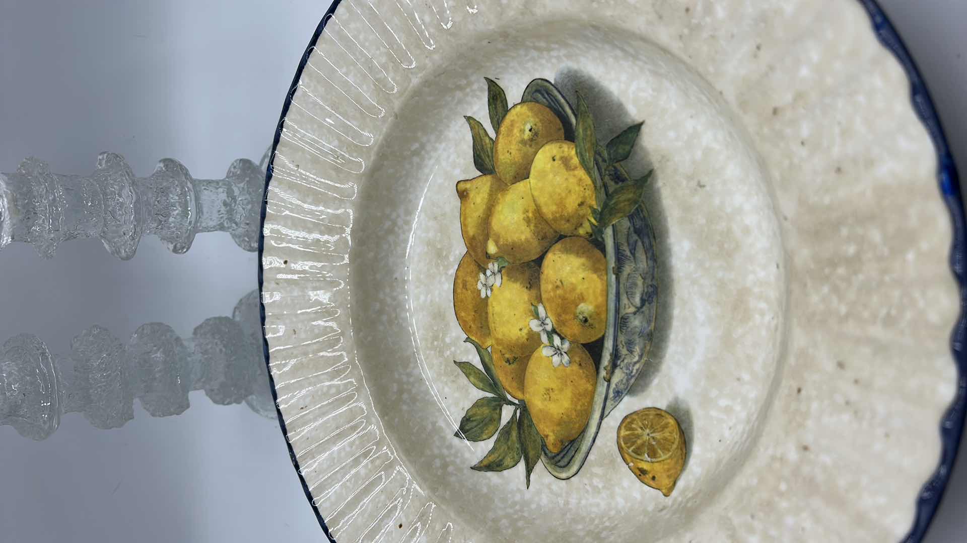 Photo 1 of GLAZED POTTERY BOWL W LEMONS AND TWO CRYSTAL CANDLE STICKS H13”