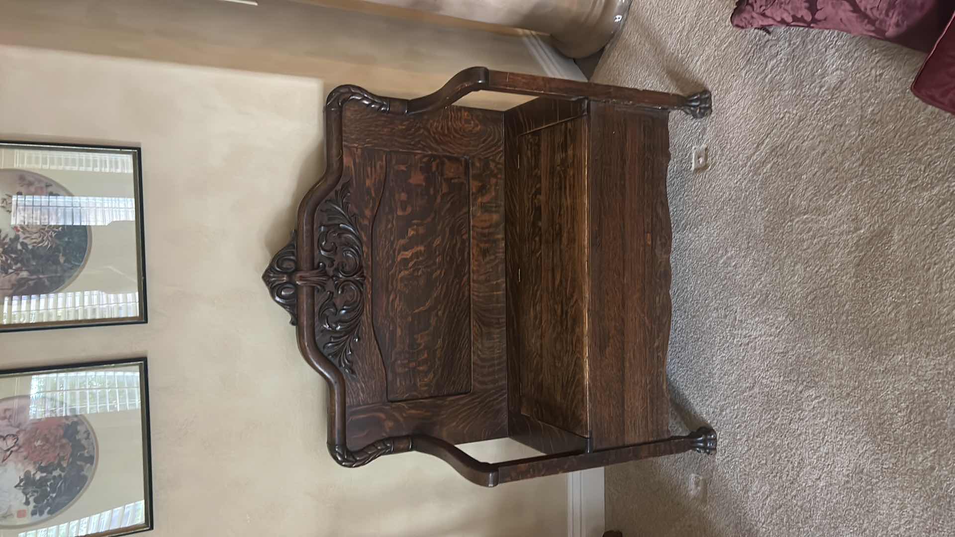 Photo 1 of ANTIQUE CARVED WOOD HALL STORAGE BENCH 38” x 17” x 46”