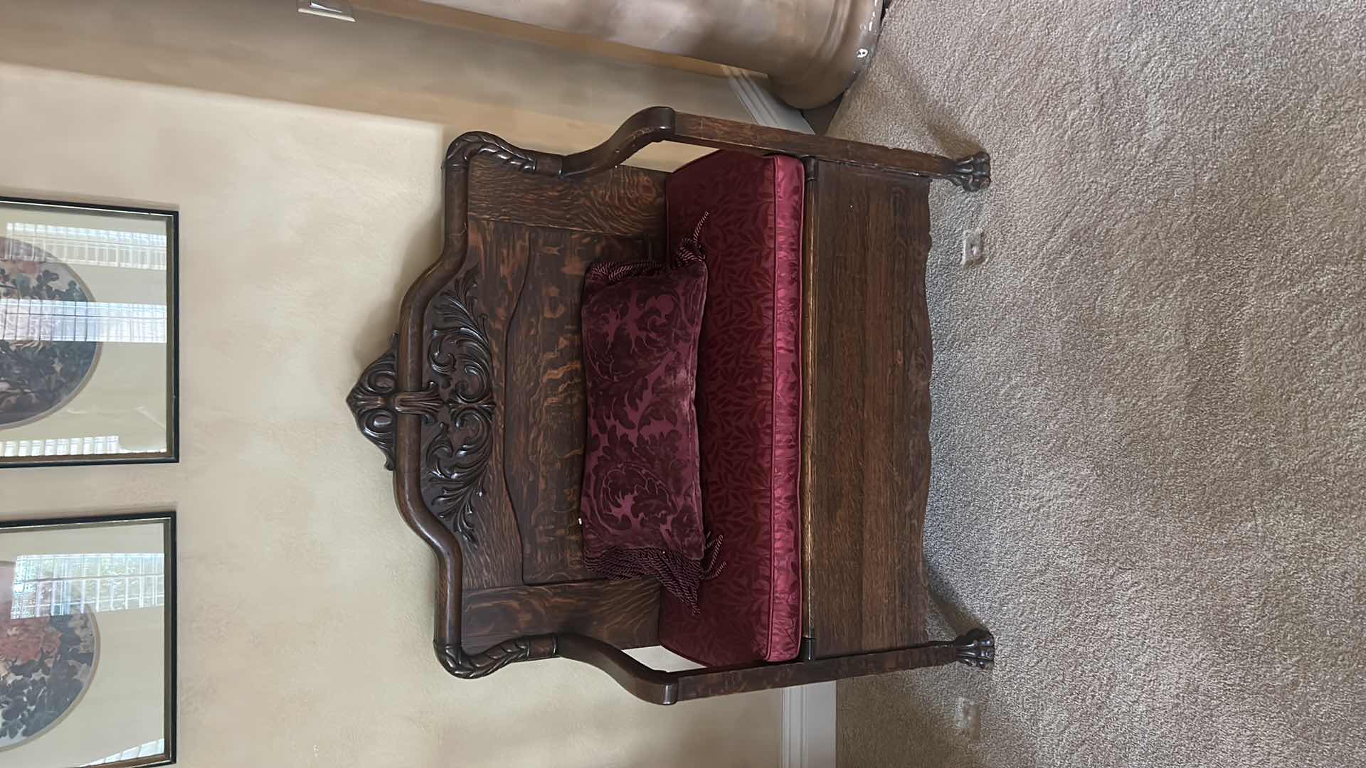 Photo 1 of ANTIQUE CARVED WOOD HALL STORAGE BENCH 38” x 17” x 46”