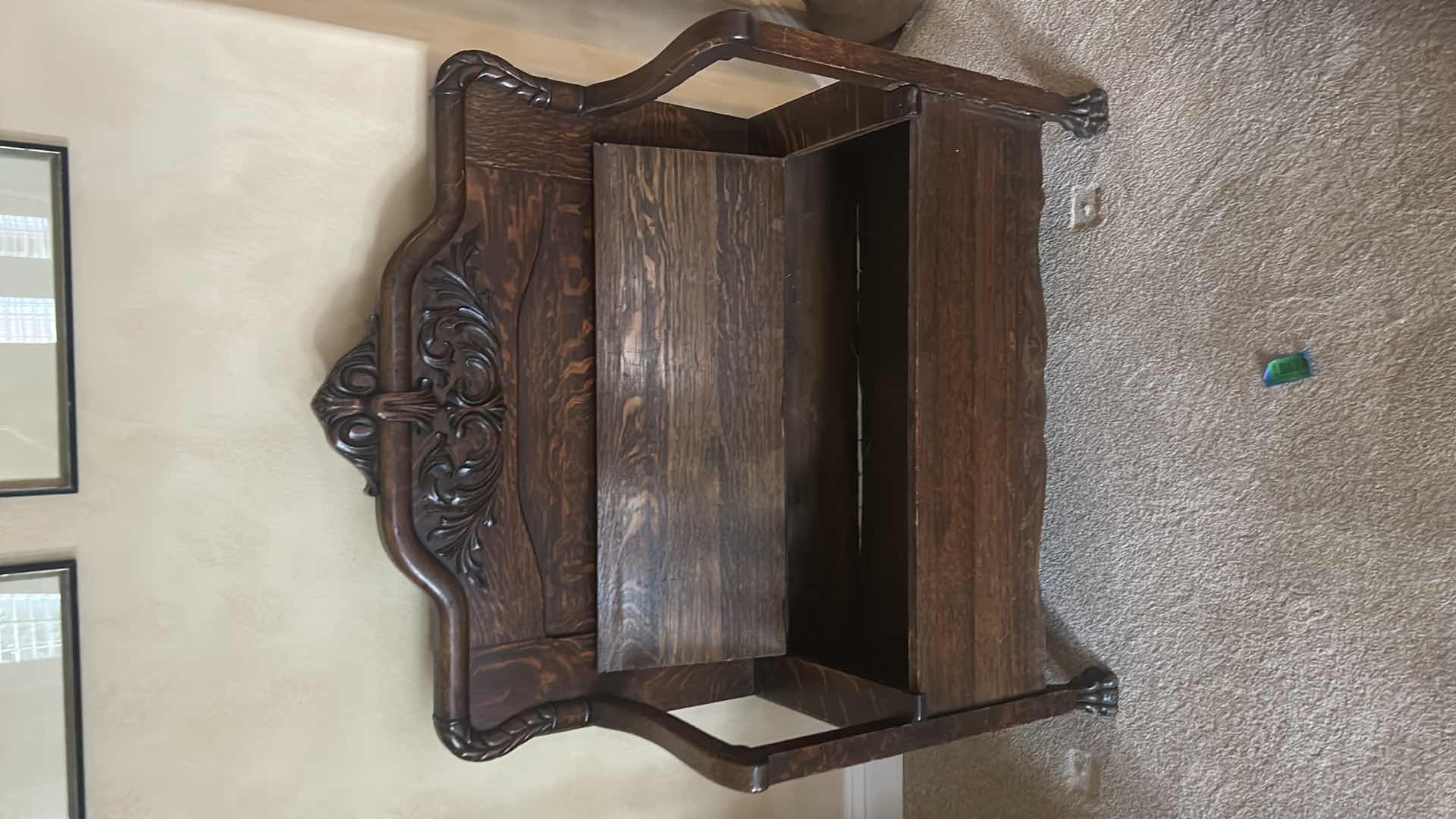 Photo 1 of ANTIQUE CARVED WOOD HALL STORAGE BENCH 38” x 17” x 46”