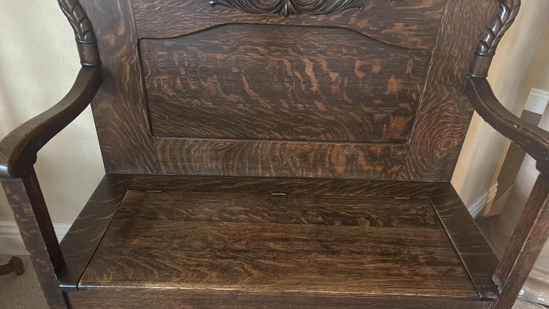 Photo 1 of ANTIQUE CARVED WOOD HALL STORAGE BENCH 38” x 17” x 46”