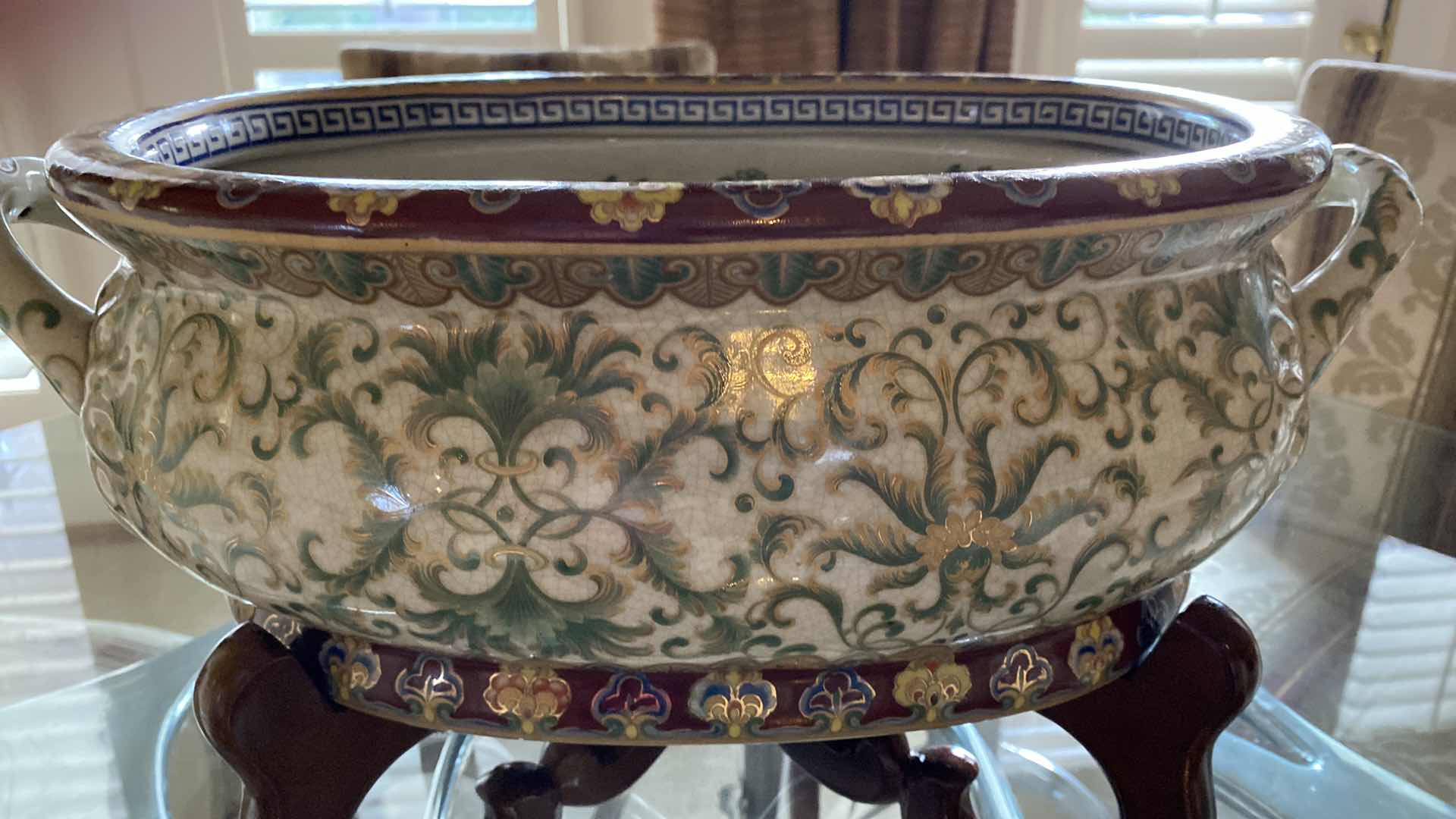 Photo 1 of UNIQUE CHINESE GREEN GOLD AND CREAM FOOT BATH / PLANTER 20” X 7” WITH STAND H11.5”