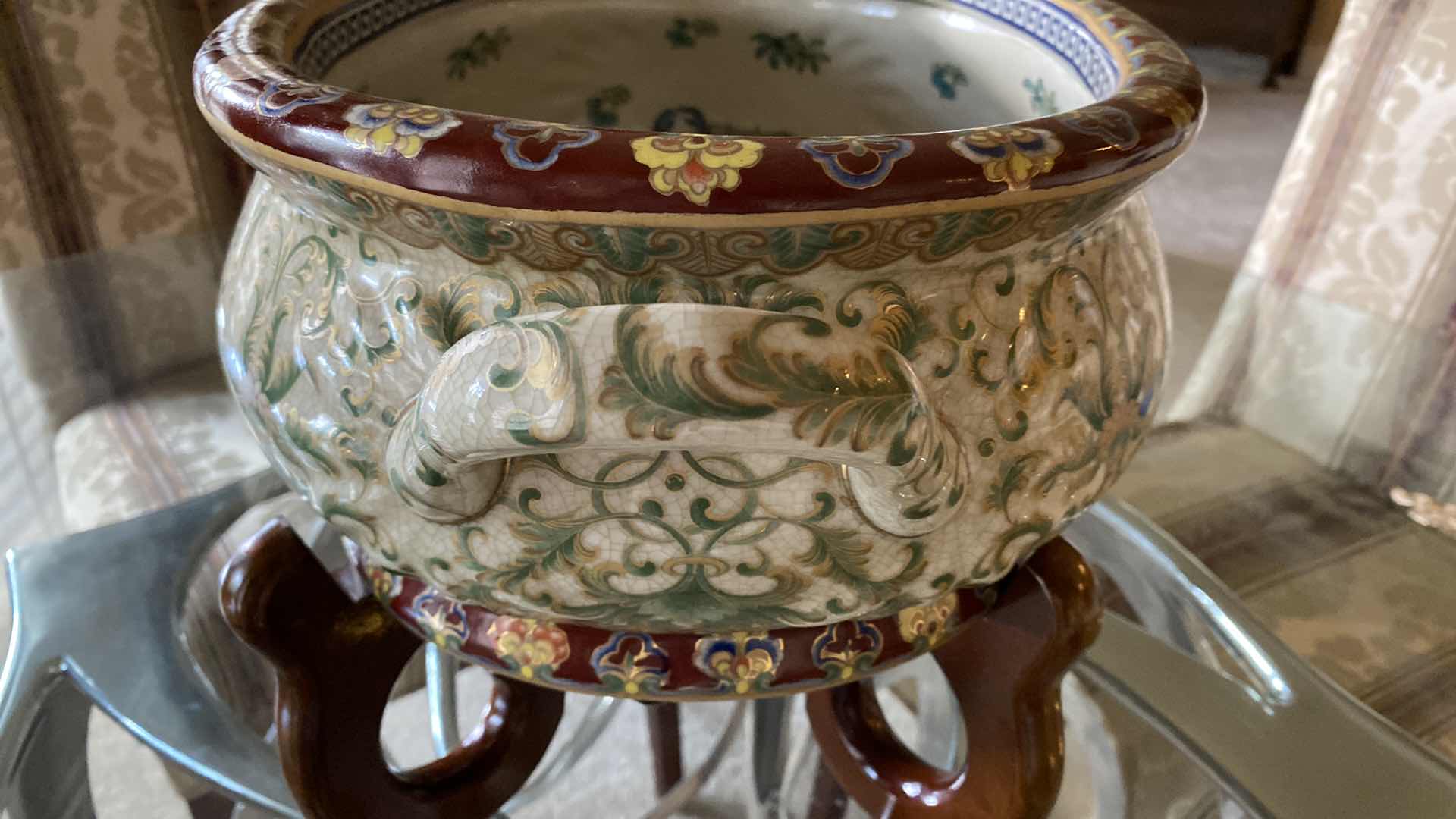 Photo 1 of UNIQUE CHINESE GREEN GOLD AND CREAM FOOT BATH / PLANTER 20” X 7” WITH STAND H11.5”