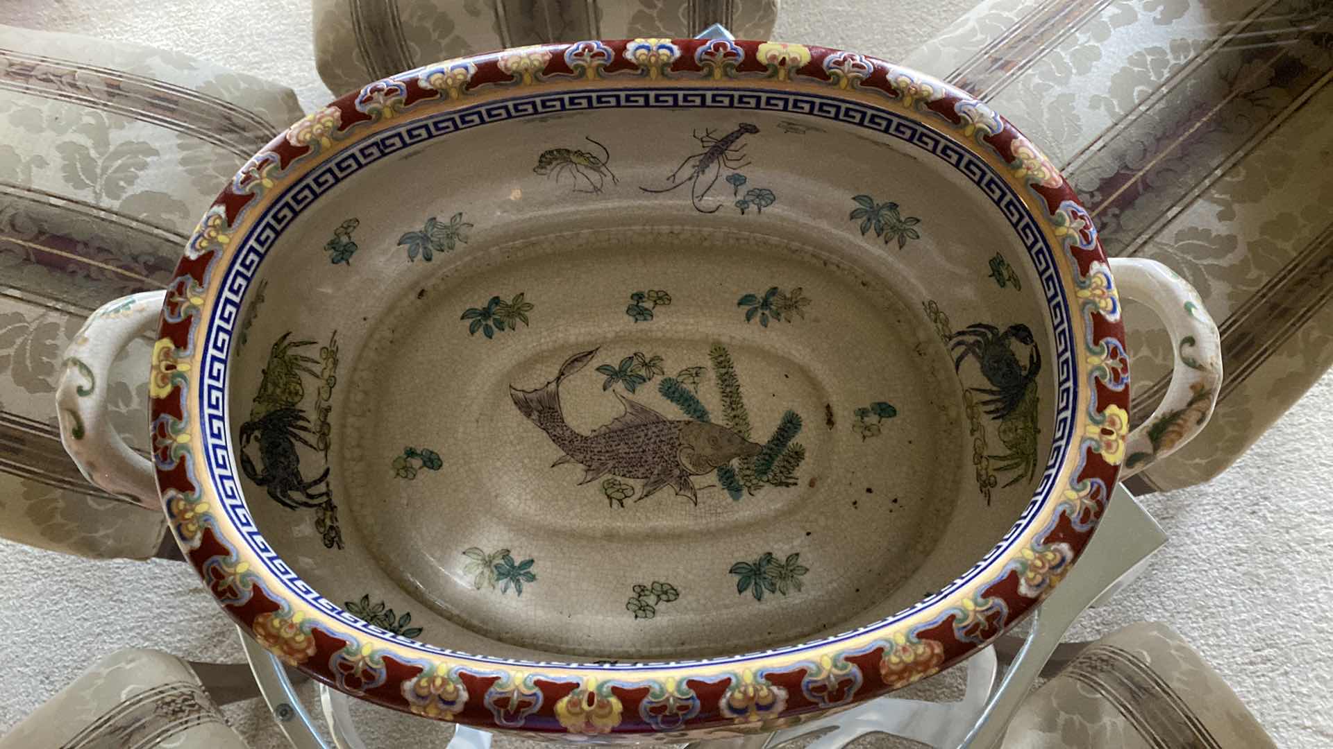 Photo 1 of UNIQUE CHINESE GREEN GOLD AND CREAM FOOT BATH / PLANTER 20” X 7” WITH STAND H11.5”